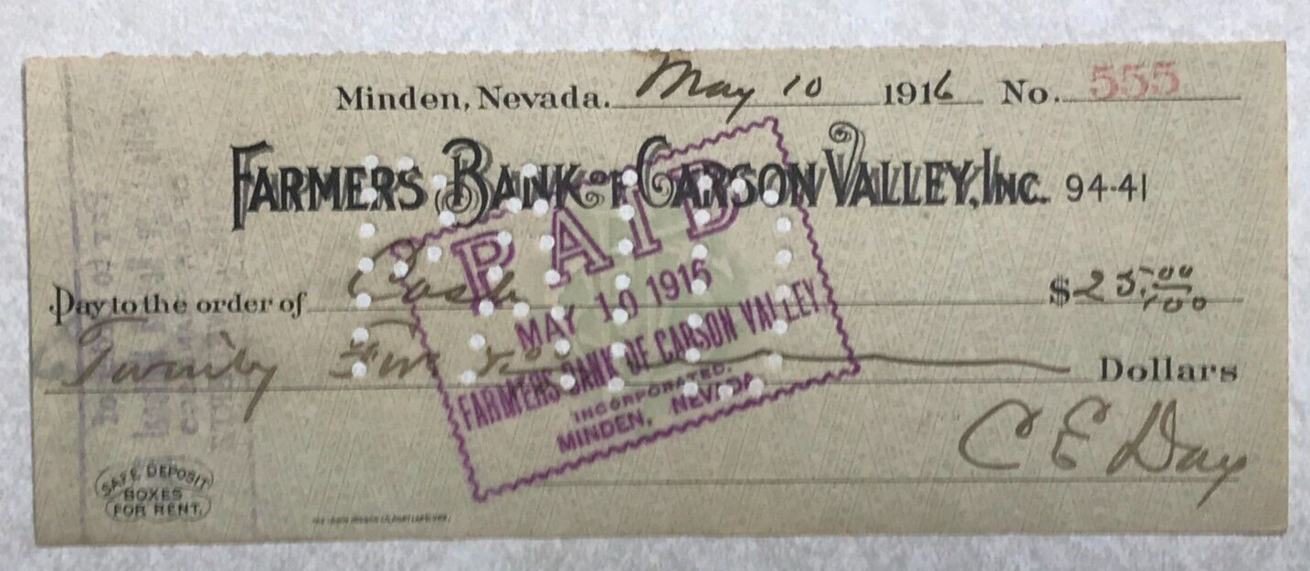 SBB170 Bank Check Farmers Bank of Carson Valley Inc 1916 Minden Nevada NV