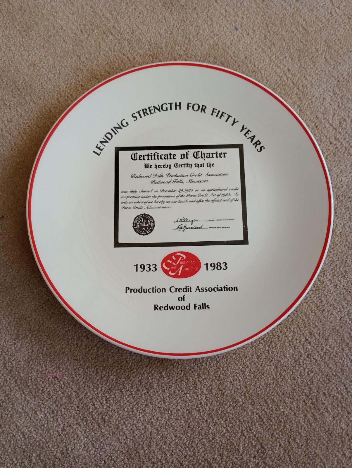 Vtg Production Credit Association Plate 50th Anniversary Redwood Falls Minnesota
