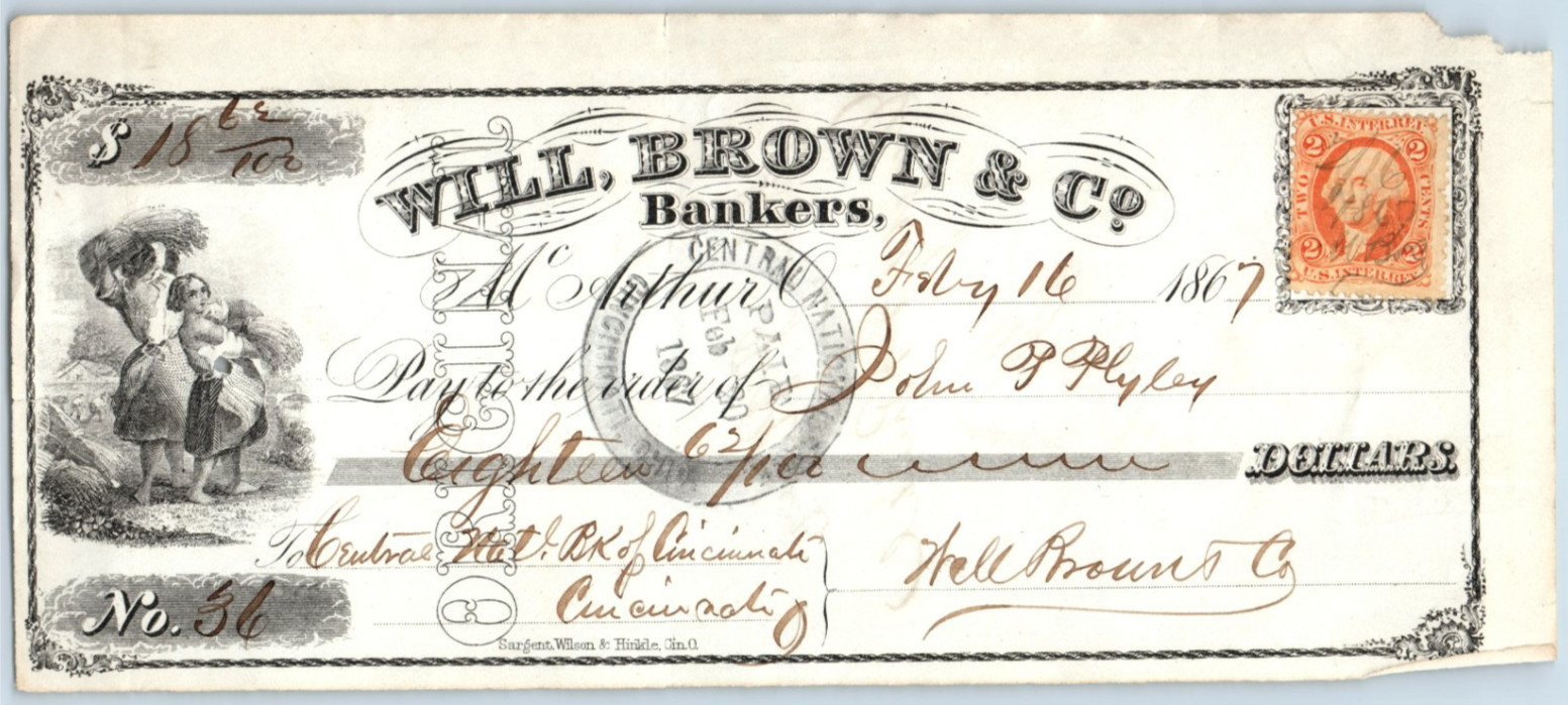 1867 Will Brown & Co Cincinnati, Ohio Bank Check w/ 2 Cent Tax Stamp 22 #DC