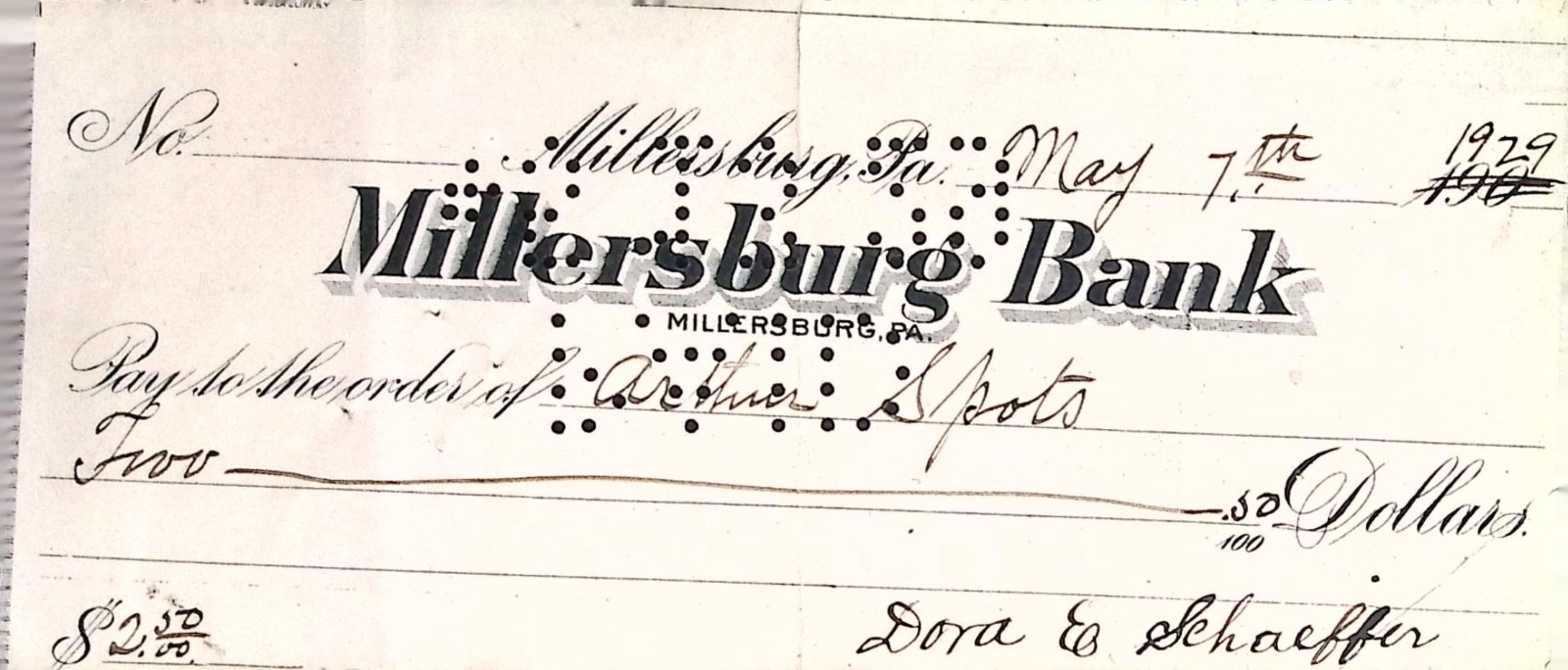 Millersburg Bank Pennsylvania 1929 Cancelled Check Vintage Banking Ephemera