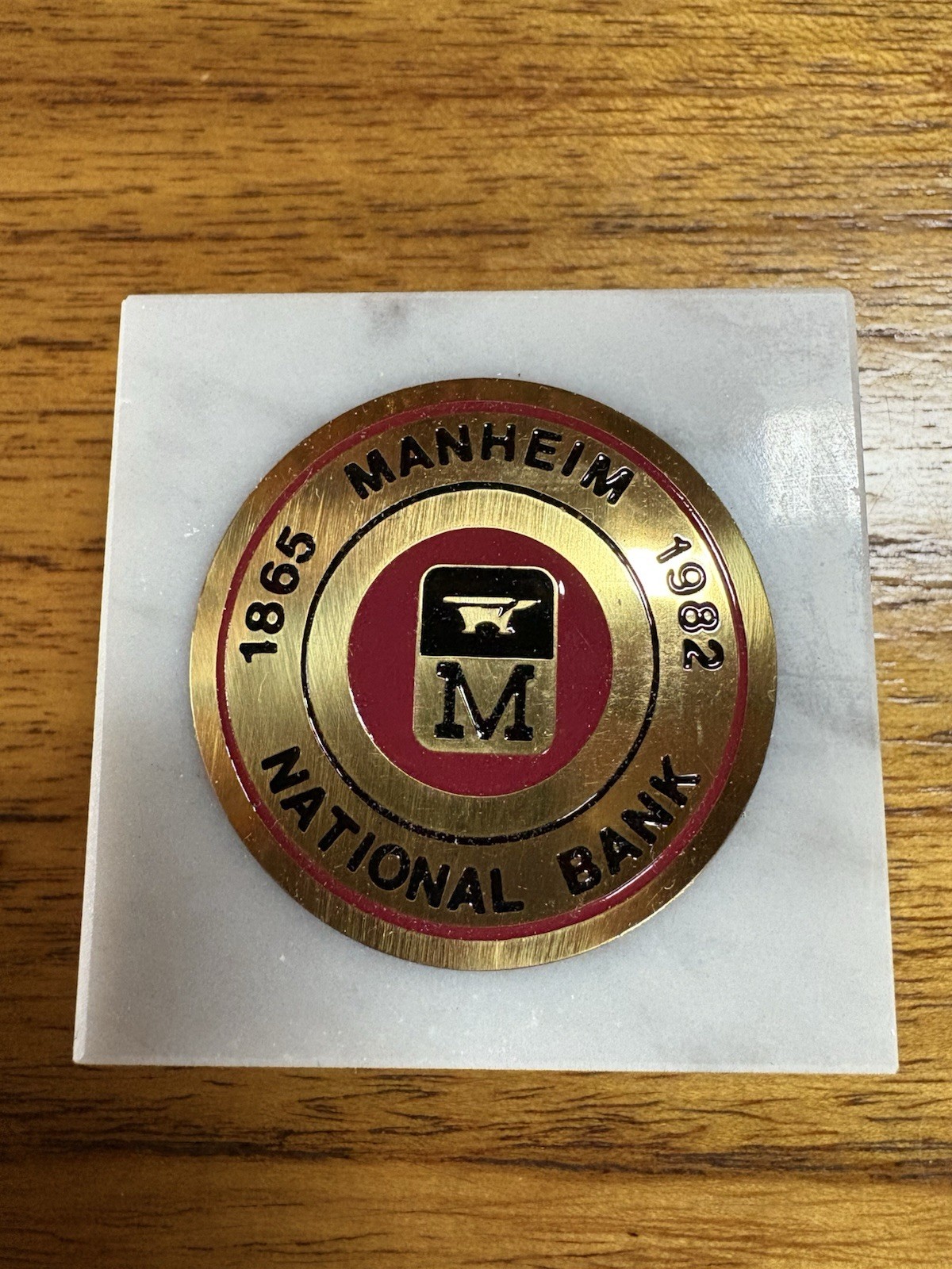 Vintage 1982 Manheim National Bank PA Advertising Paperweight Marble Base OB