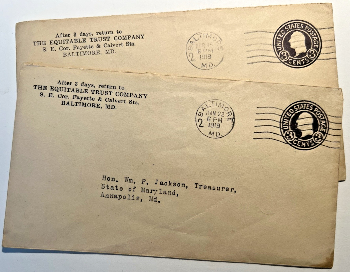 Baltimore Maryland EQUITABLE TRUST CO Set of 1919 Envelopes W. P. Jackson D9