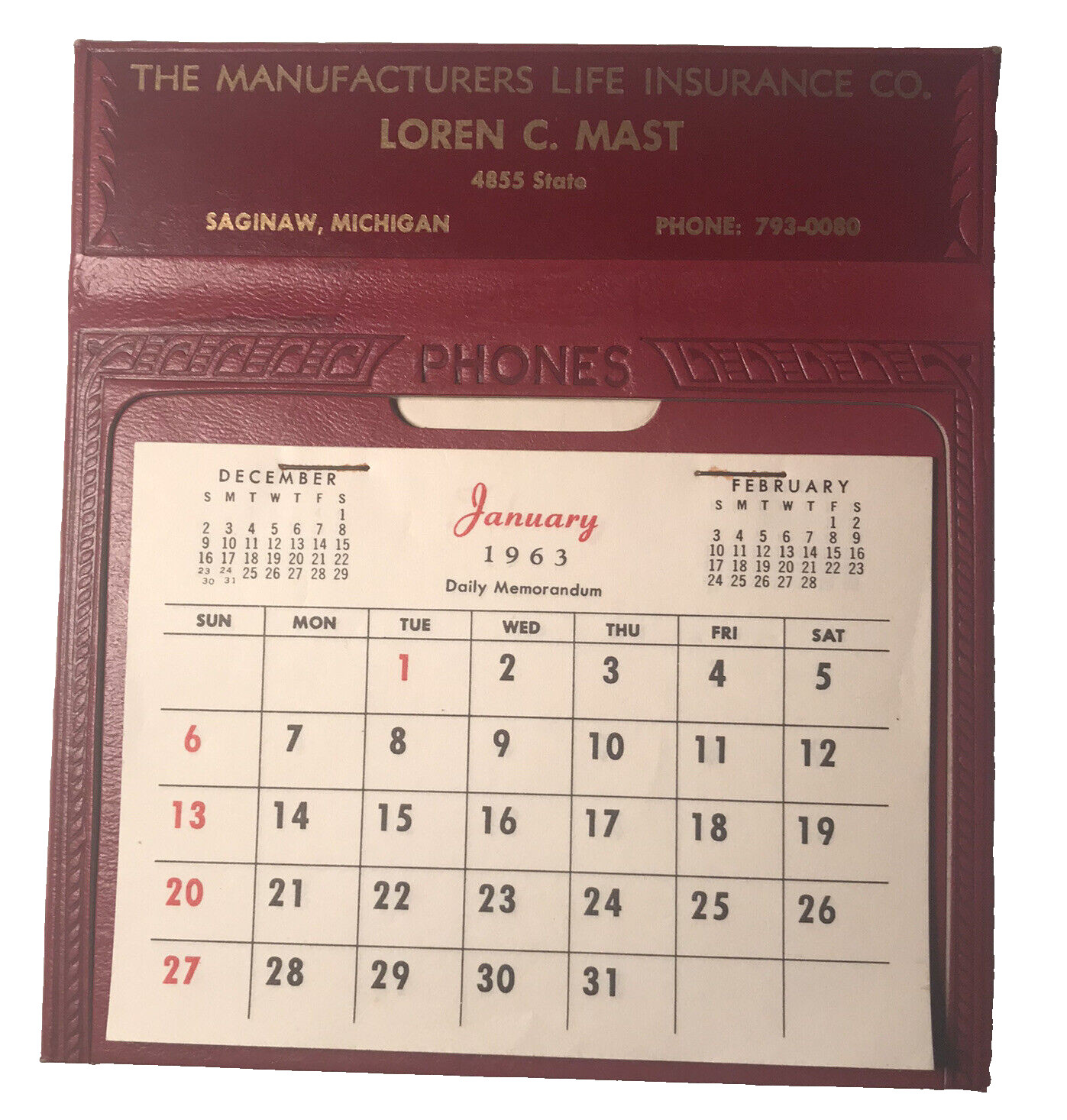 Vintage original – Manufactures Life Insurance co 1963 Calendar Saginaw, Mi.