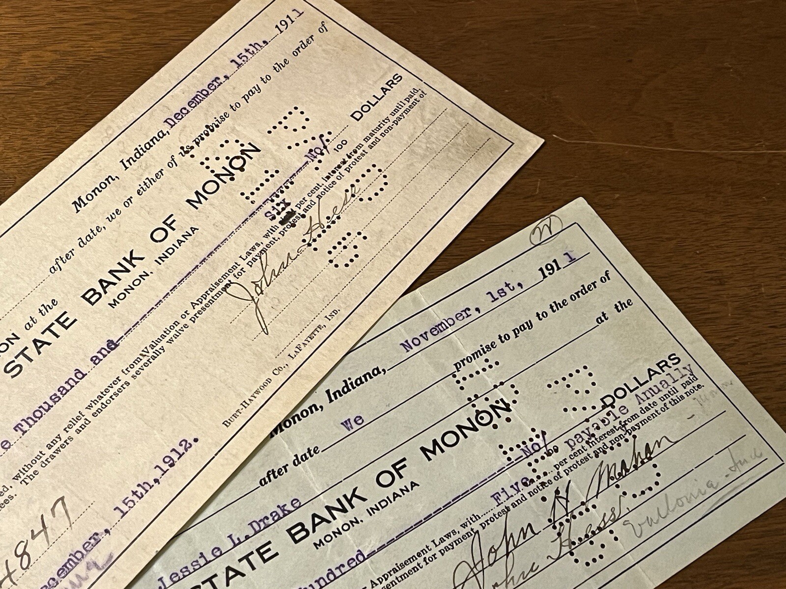 2 Antique Promissory Notes IOU 1911 State Bank of Monon IN – $5,000 & $11,700