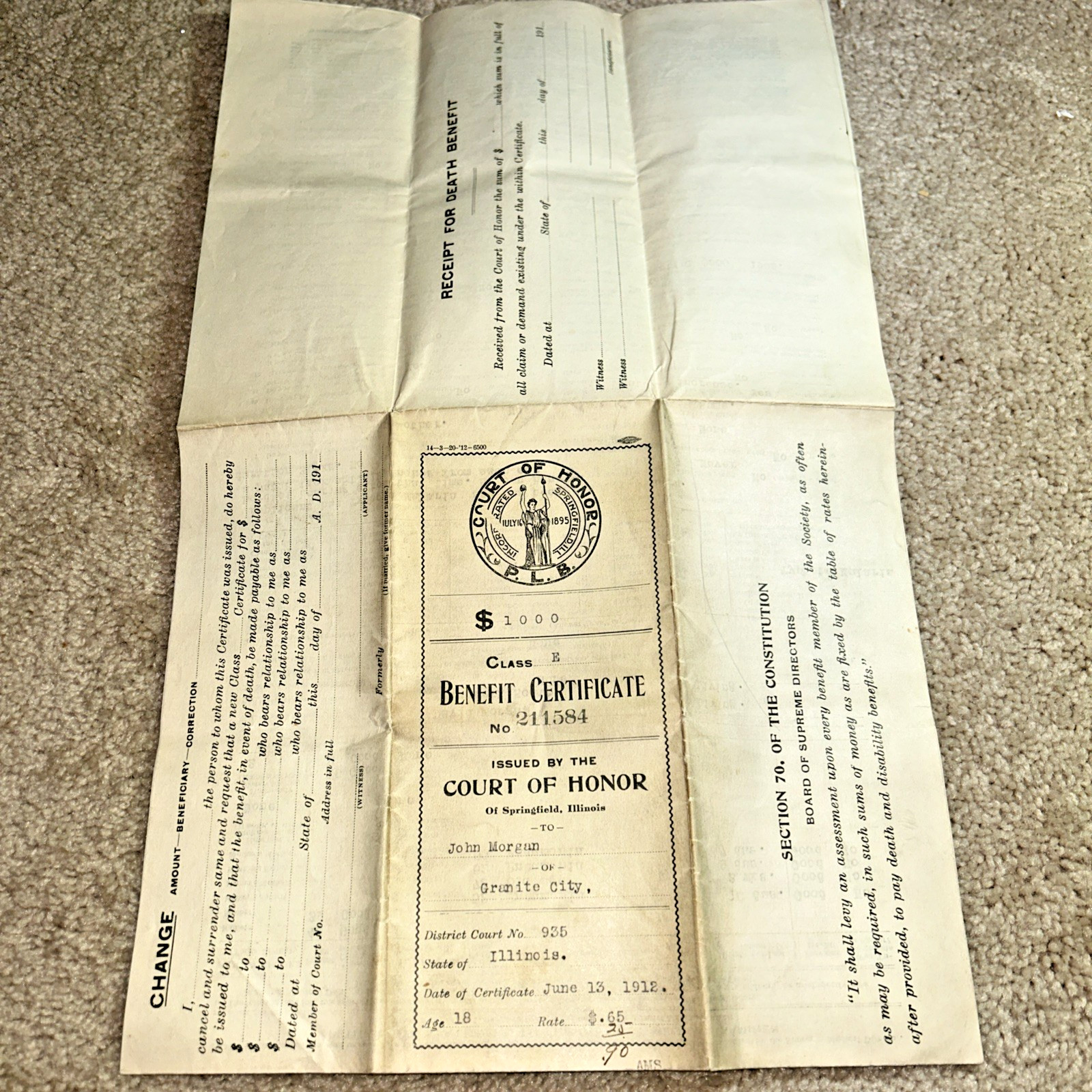 1912 COURT OF HONOR State of Illinois MEMBERSHIP CERTIFICATE – Granite City IL