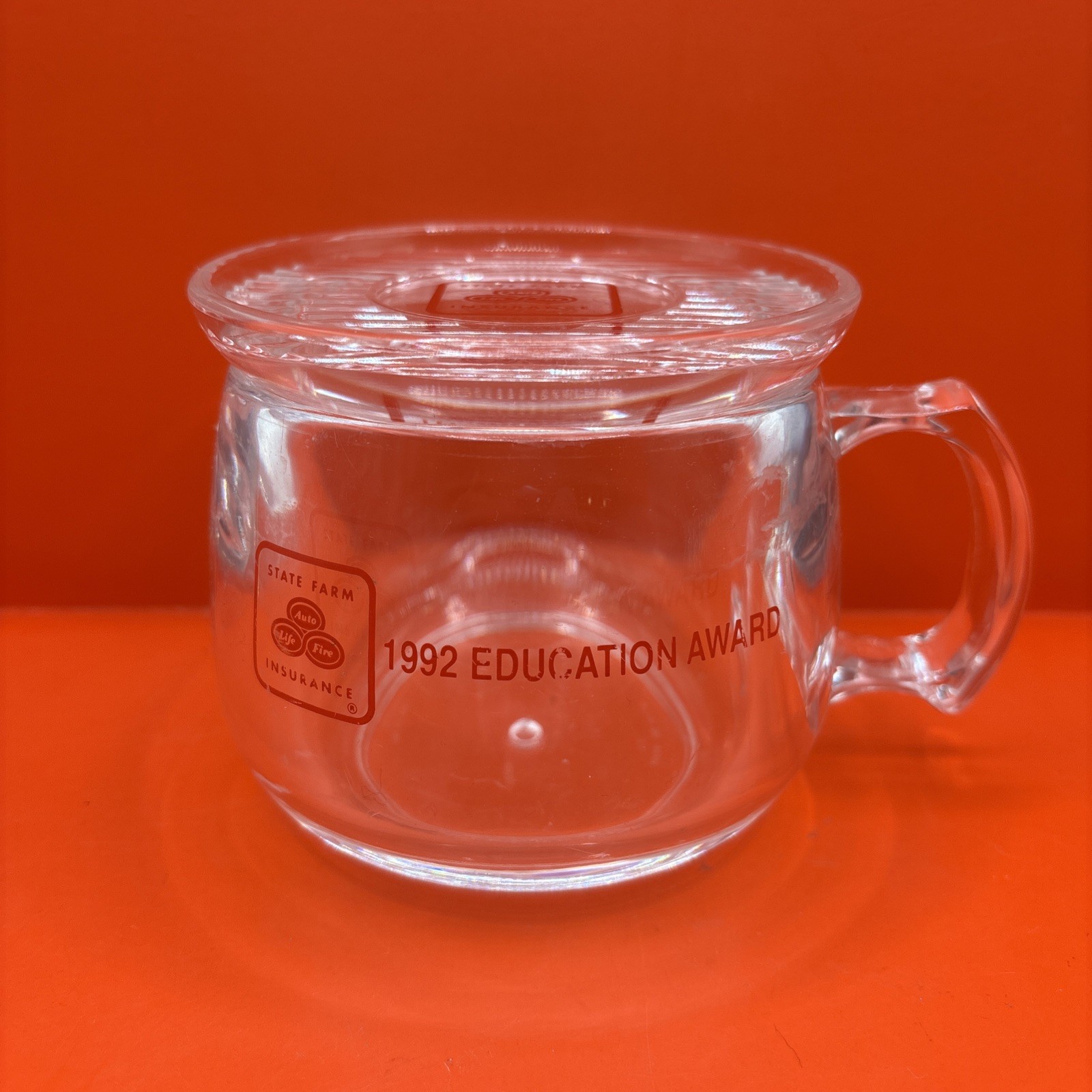 1992 State Farm Education Award Clear Acrylic Coffee Tea Mug w/ Coaster/Lid- USA