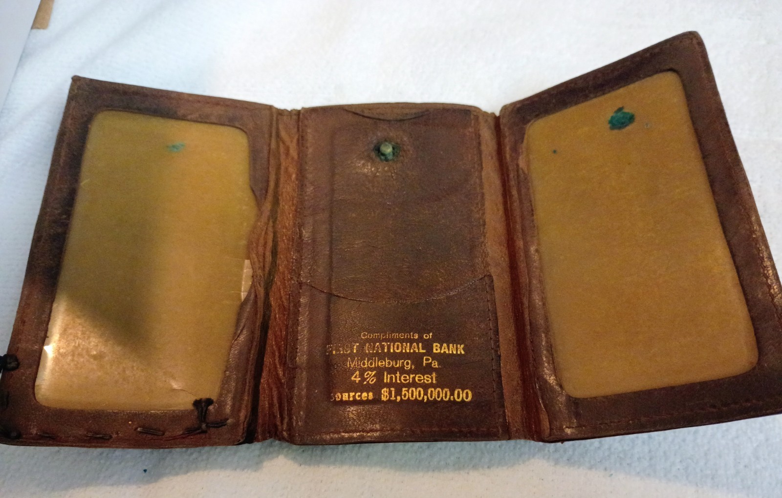 Vintage leather promotional wallet from First National Bank, Middleburg, PA.