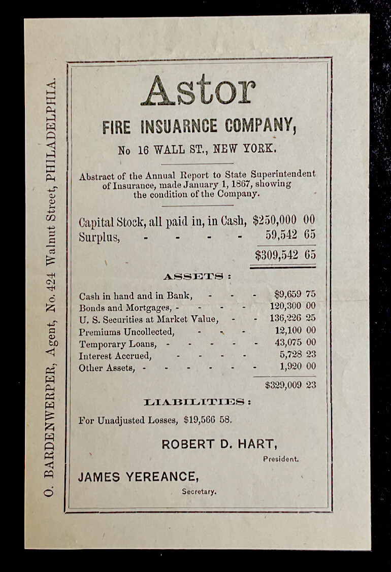 1867 Astor Fire Insurance Company New York Financial Document Assets #b10