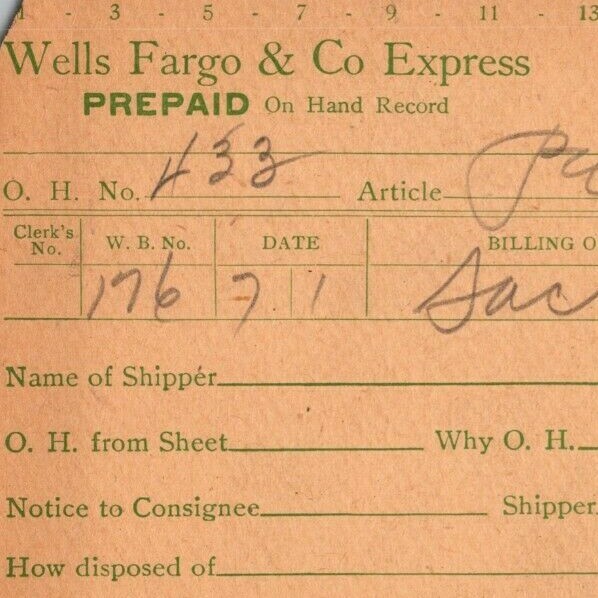 1918 Wells Fargo & Co Express – Manila “Prepaid – On Hand Record” Card