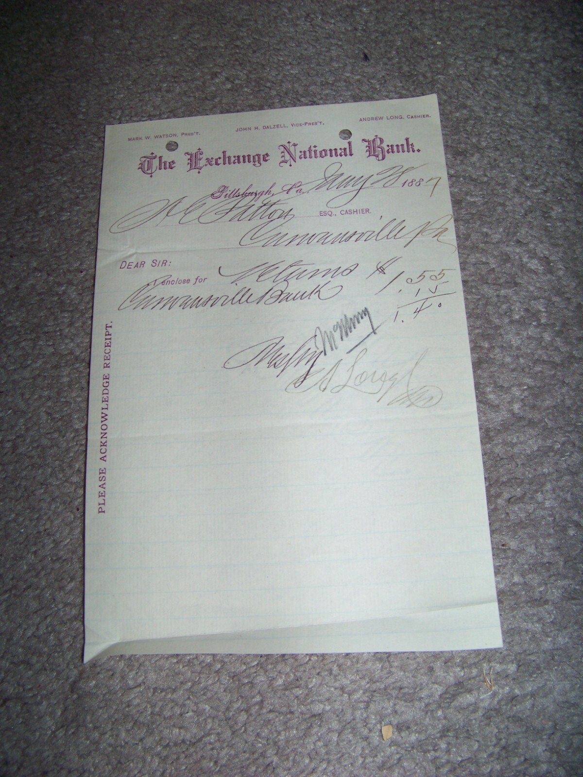 1887 Exchange National Bank Pittsburgh PA John H. Dalzell Mark W. Watson