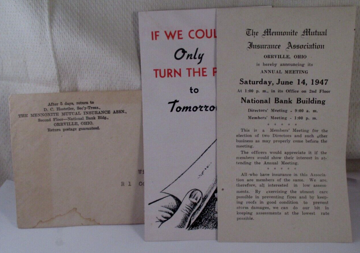 Vintage 1947 THE MENNONITE MUTUAL INSURANCE ASSOC ORVILLE OH MEETING & BROCHURE