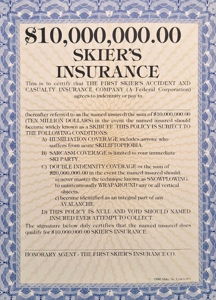 VTG 1990 MIKE ST. LAWRENCE SKIERS INSURANCE POLICY Blank Novelty Lot Of 30 *RARE