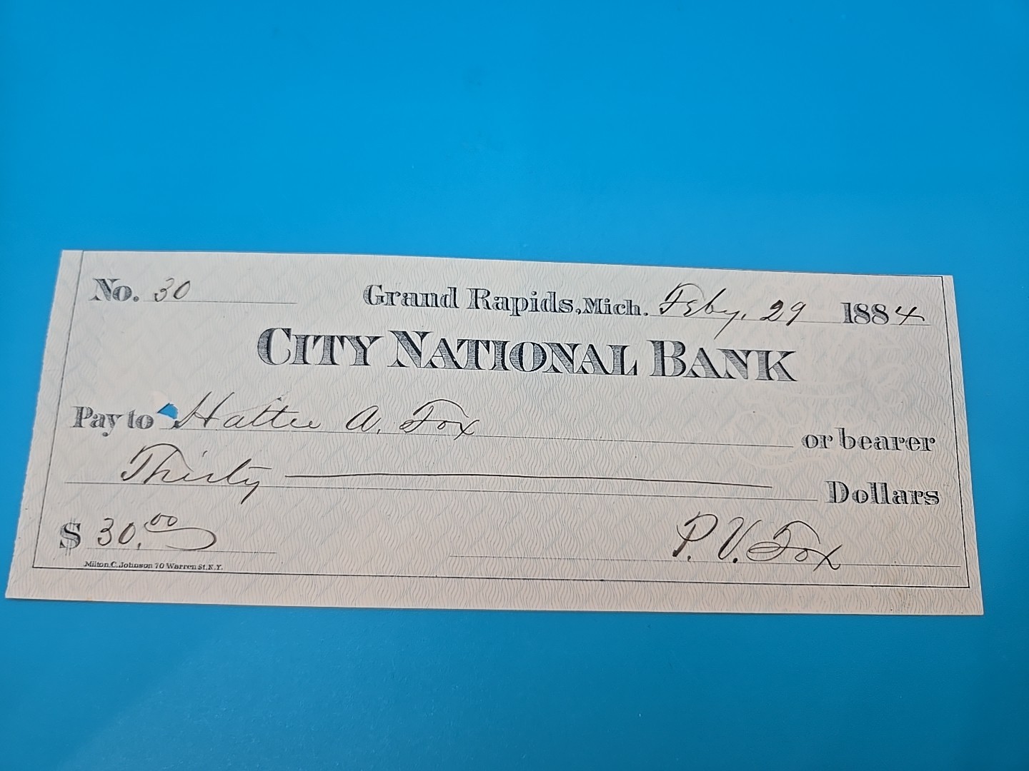 Vintage Rare 1884 Check City National Bank Grand Rapids Michigan MI