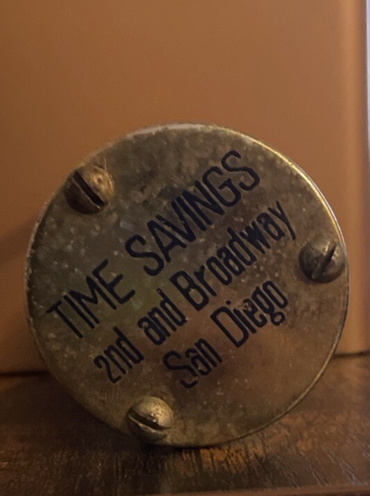 Hourglass “TIME SAVINGS – 2nd & Broadway, San Diego” – 3″ Brass