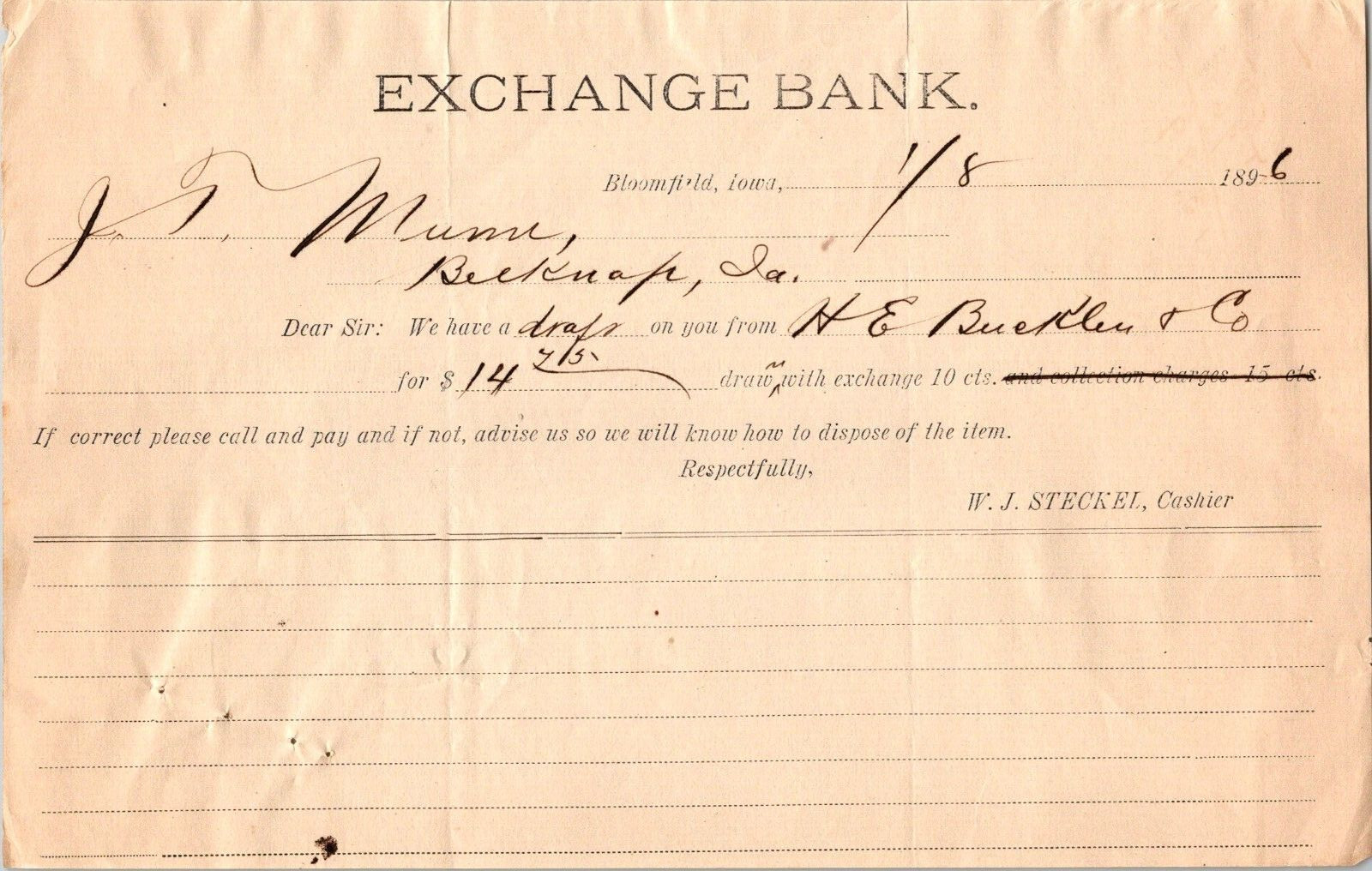 1896 Exchange Bank Draft Paper Ephemera MUMM BLOOMFIELD IA Belknap IA