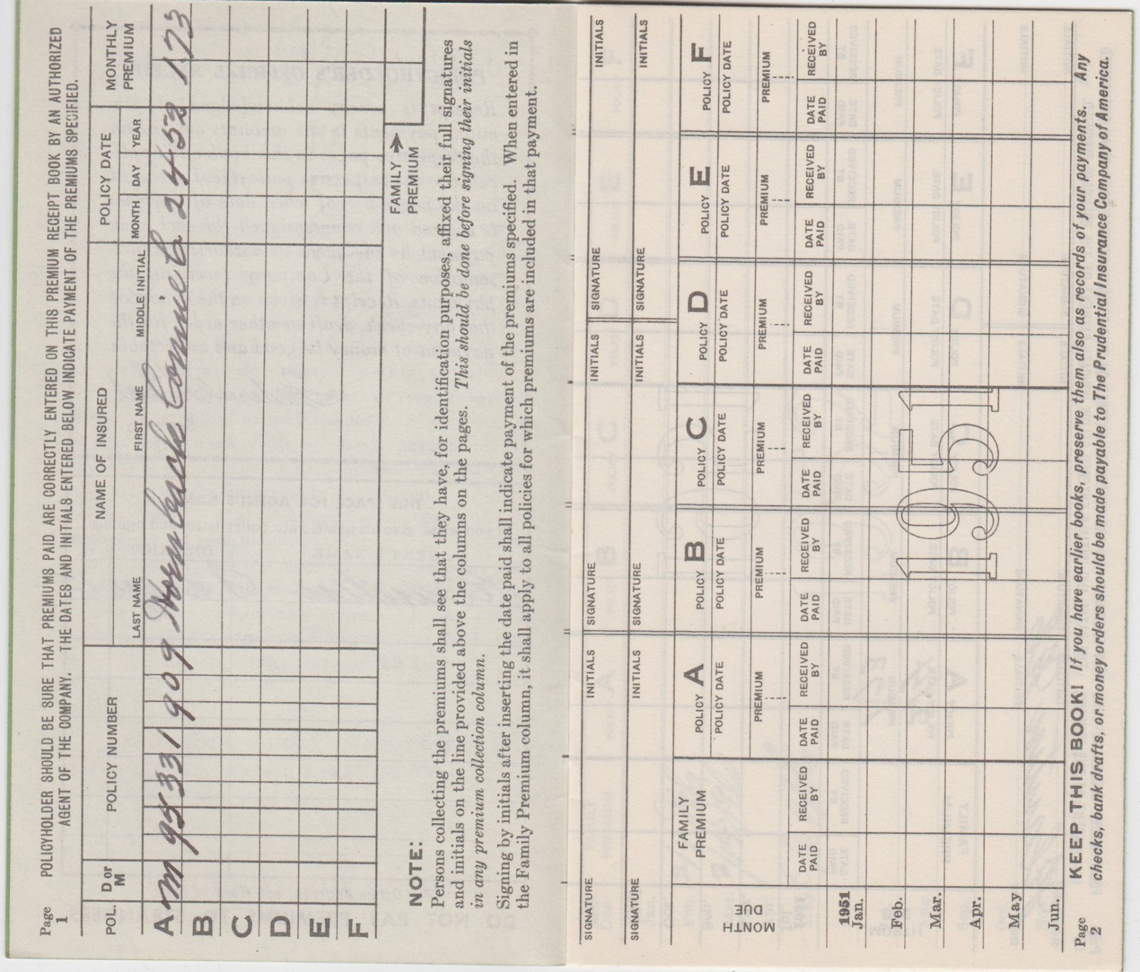 1951 The Prudential Insurance Co. Premium Receipt Book San Diego California CA