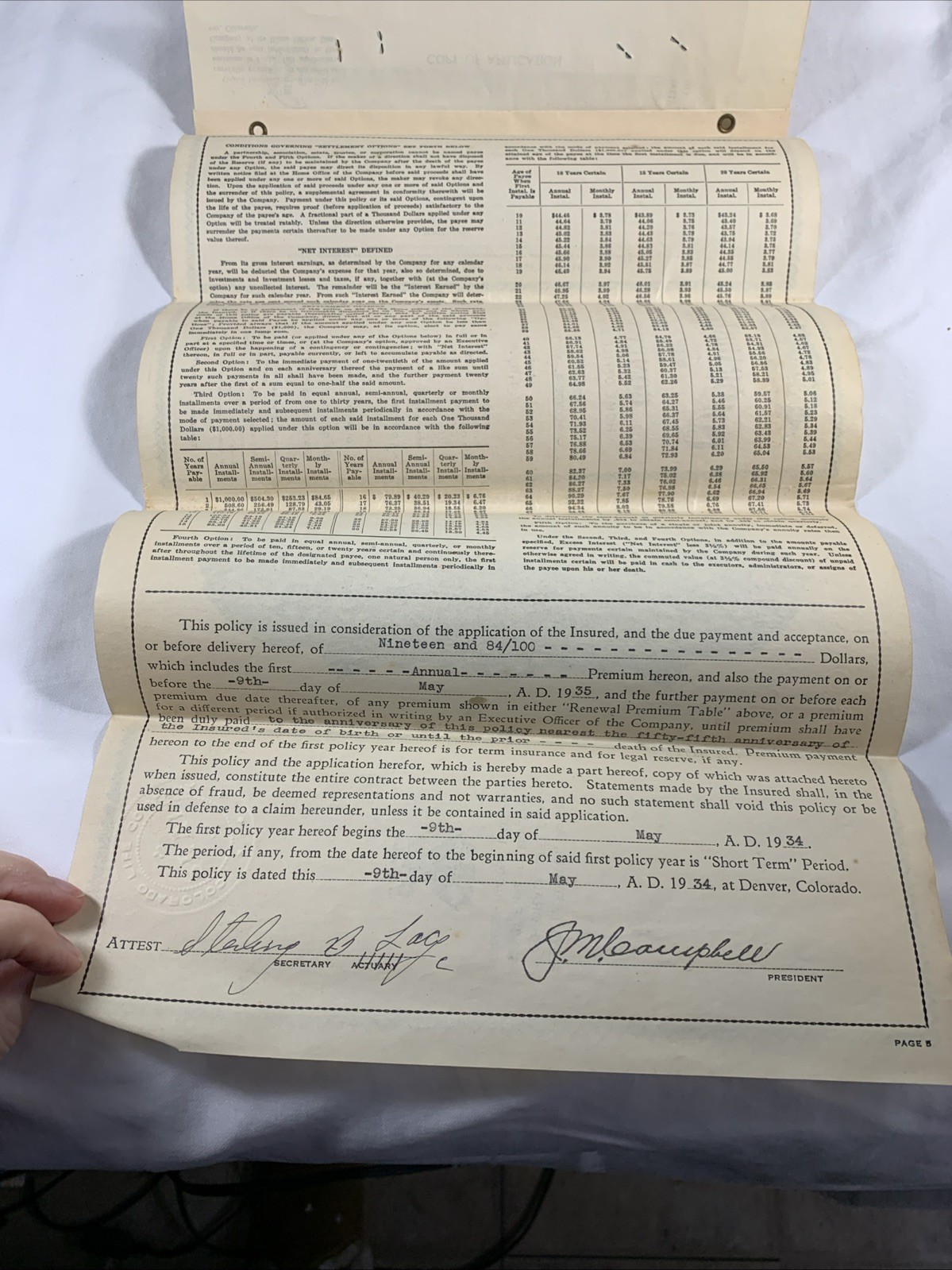 1934 Colorado Life Company, Life Insurance Certificate