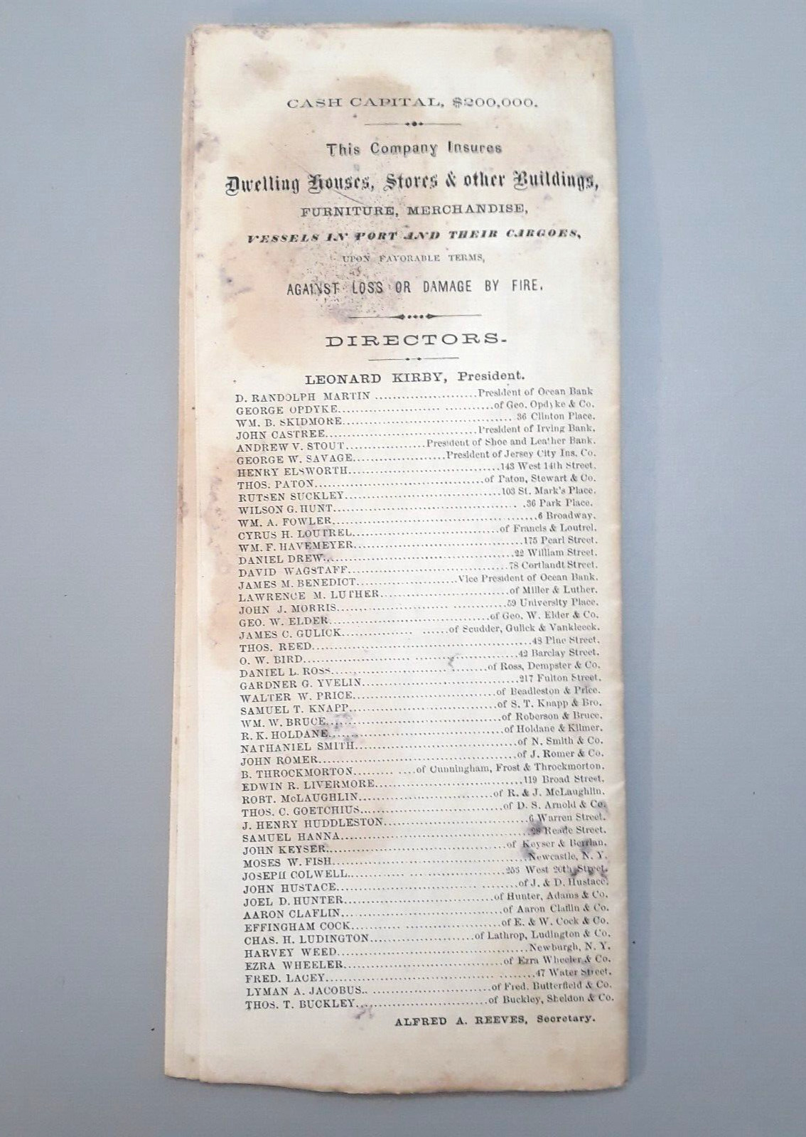 1863 Globe Fire Insurance Company Stock Policy NYC Cor. Greenwich & Fulton Sts