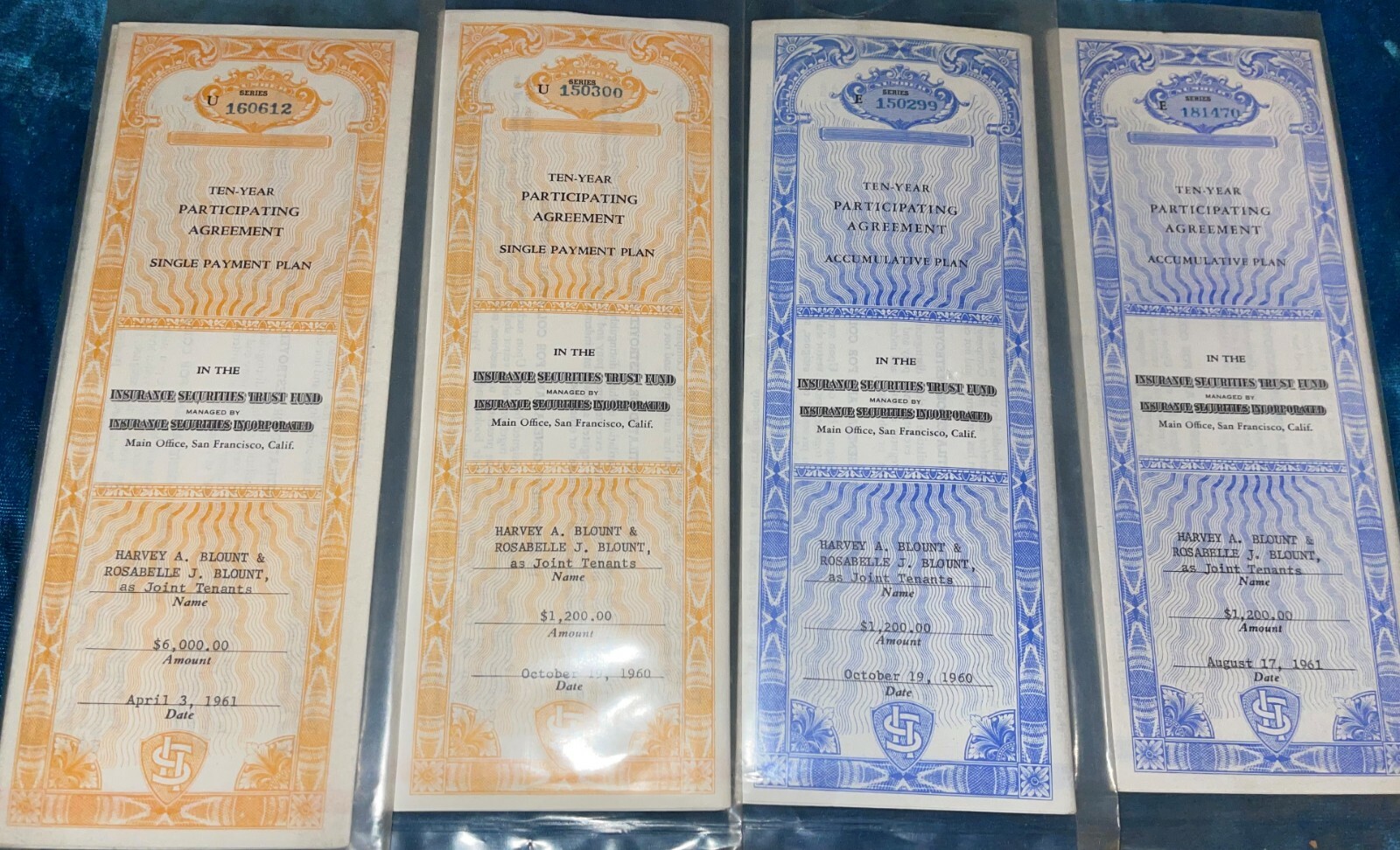RARE 1961 LOT 4 INSURANCE SECURITIES INC TRUST FUND AGREEMENT TITLES $9600 VALUE