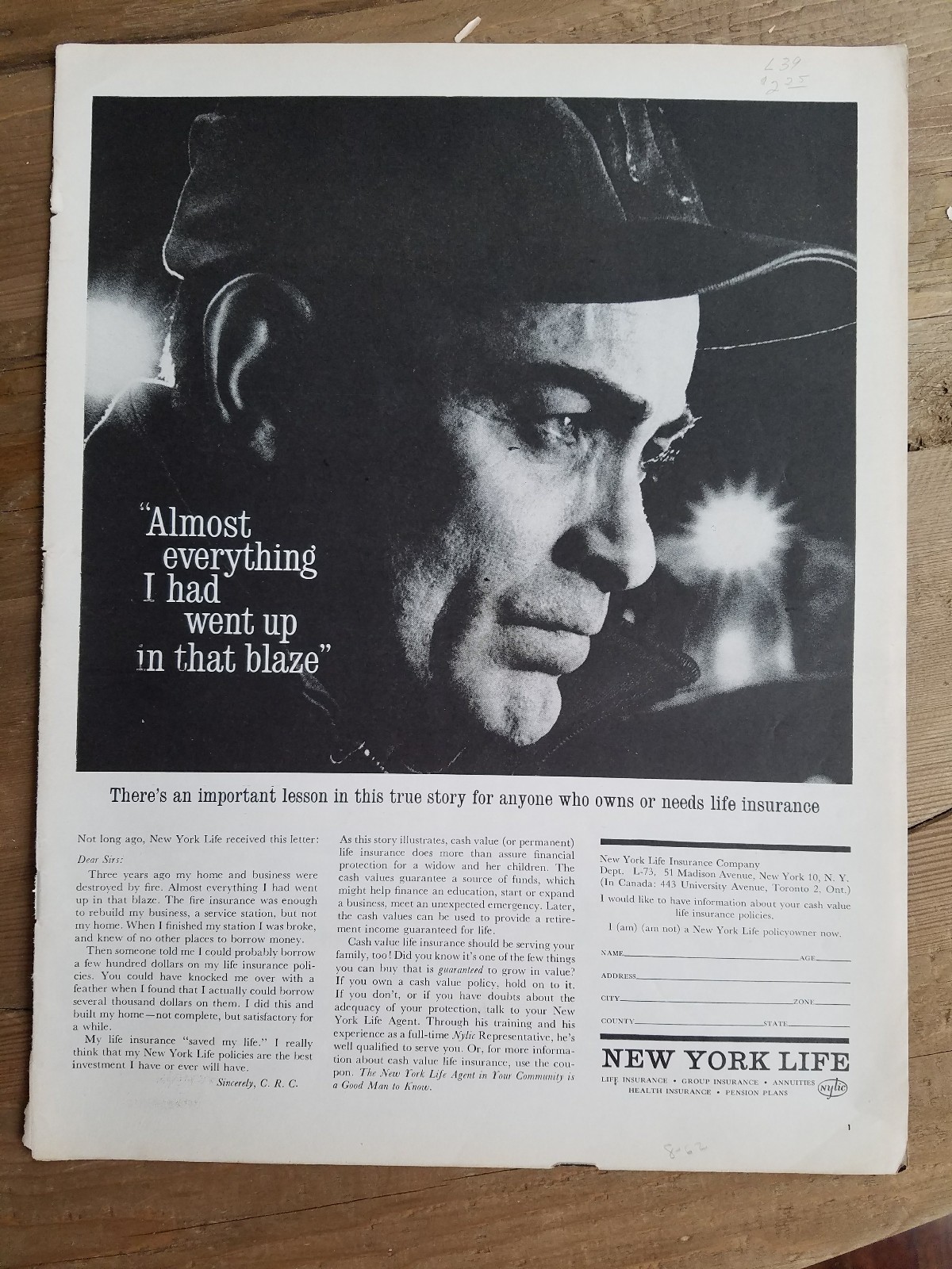 1962 New York Life Insurance home and Business destroyed fire ad