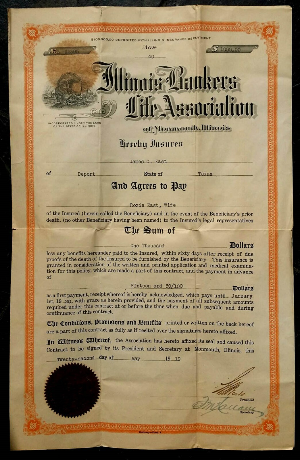 1919 JAMES & ROXIE EAST Deport Texas WOODS Monmouth ILLINOIS BANKERS LIFE ASSOC.