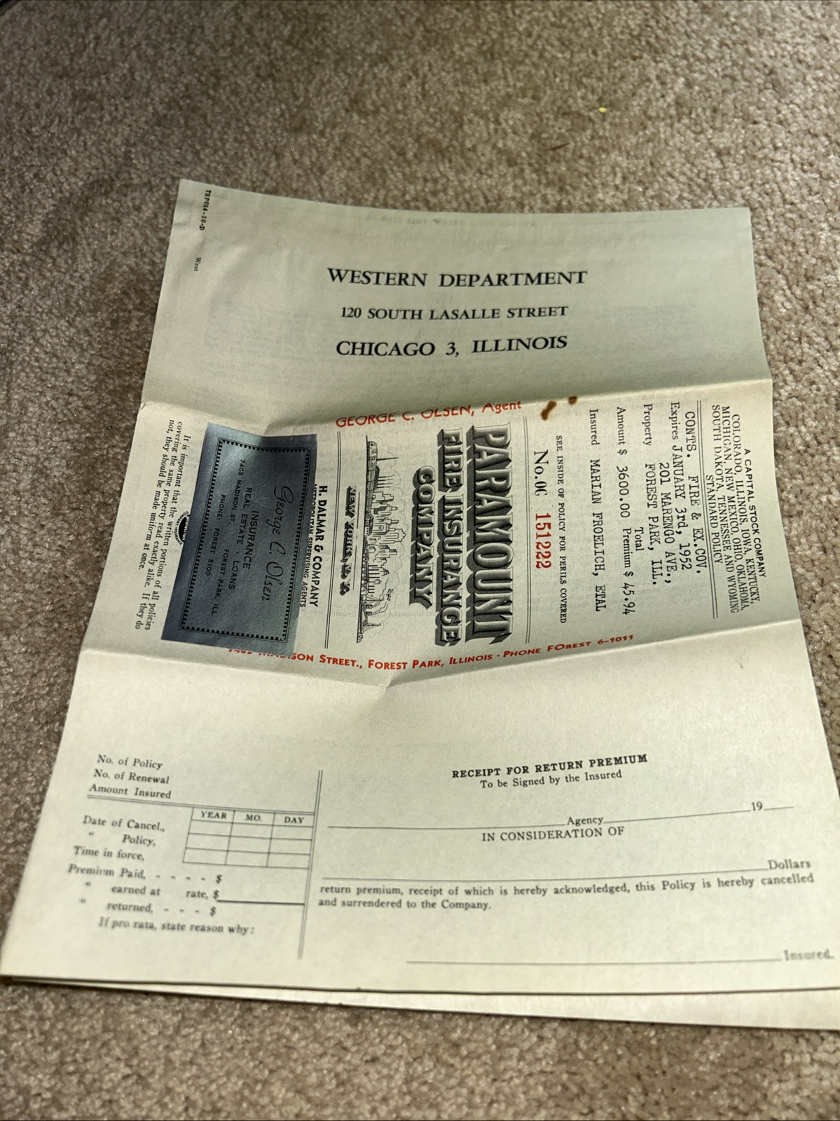 4-1950 / 1951 / 1952 PARAMOUNT FIRE INSURANCE COMPANY Policy Certificates