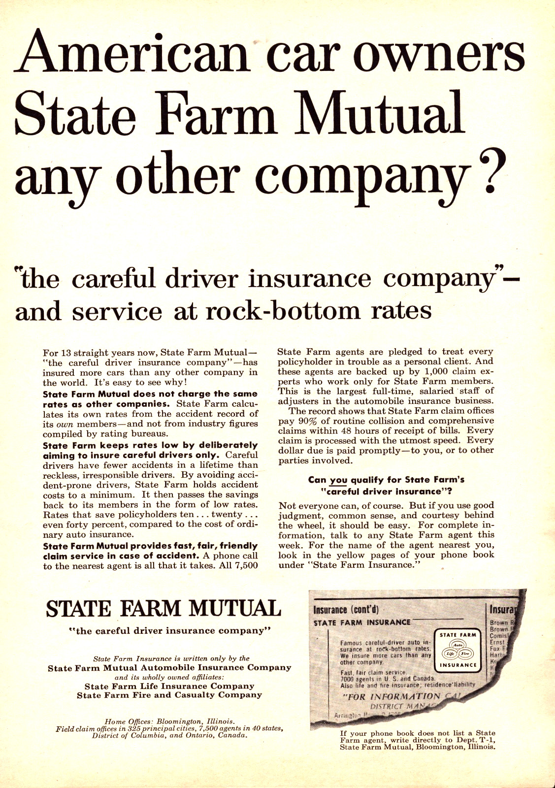 State Farm Mutual Insurance Company Bloomington IL Auto Vintage Print Ad 1955