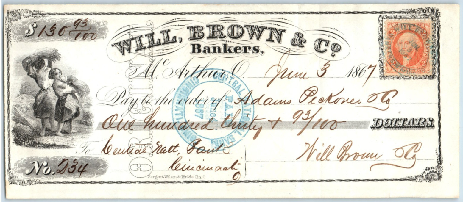 1867 Will Brown & Co Cincinnati, Ohio Bank Check w/ 2 Cent Tax Stamp 40 #DD