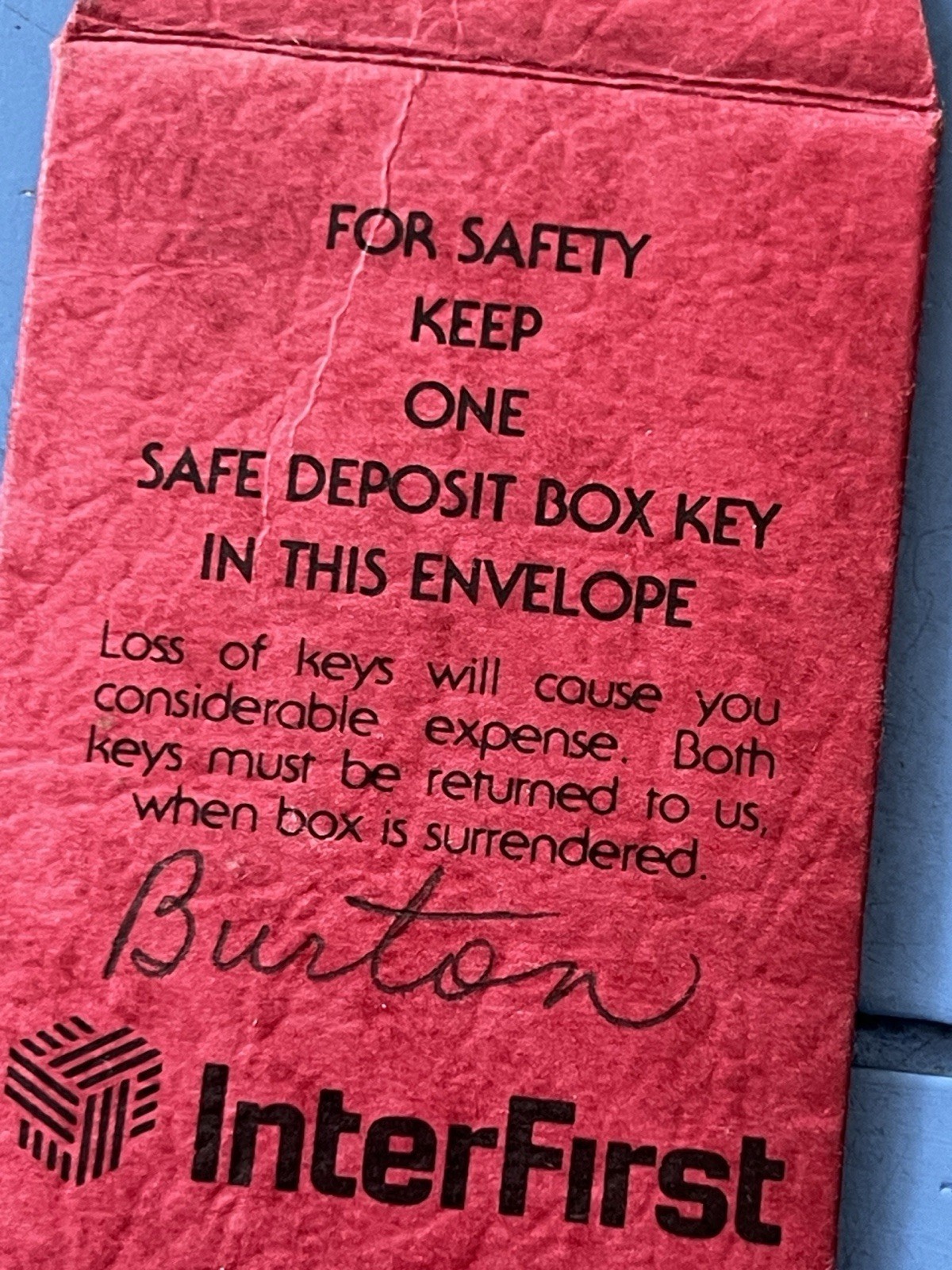 Small Vintage Red Safe Deposit Key Envelope, InterFirst Bank