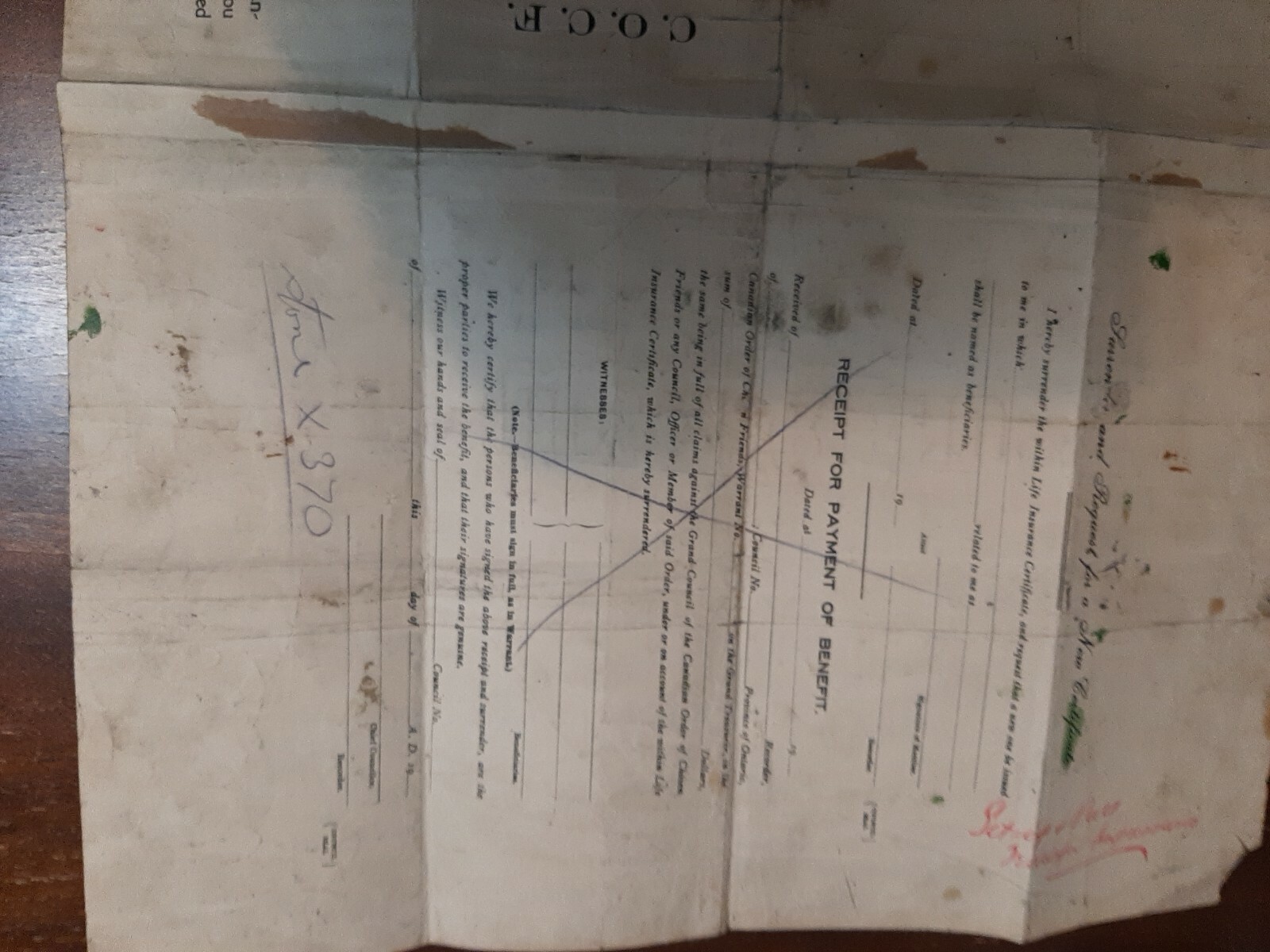 Canada 1910s Insurance Certificate.Canadian Order Of Chosen Friends