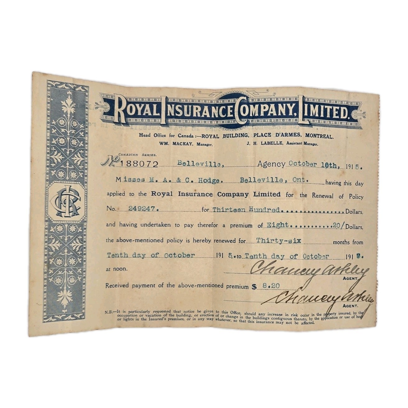 1915 Royal Insurance Company Ltd Payment Receipt, Belleville, Ontario