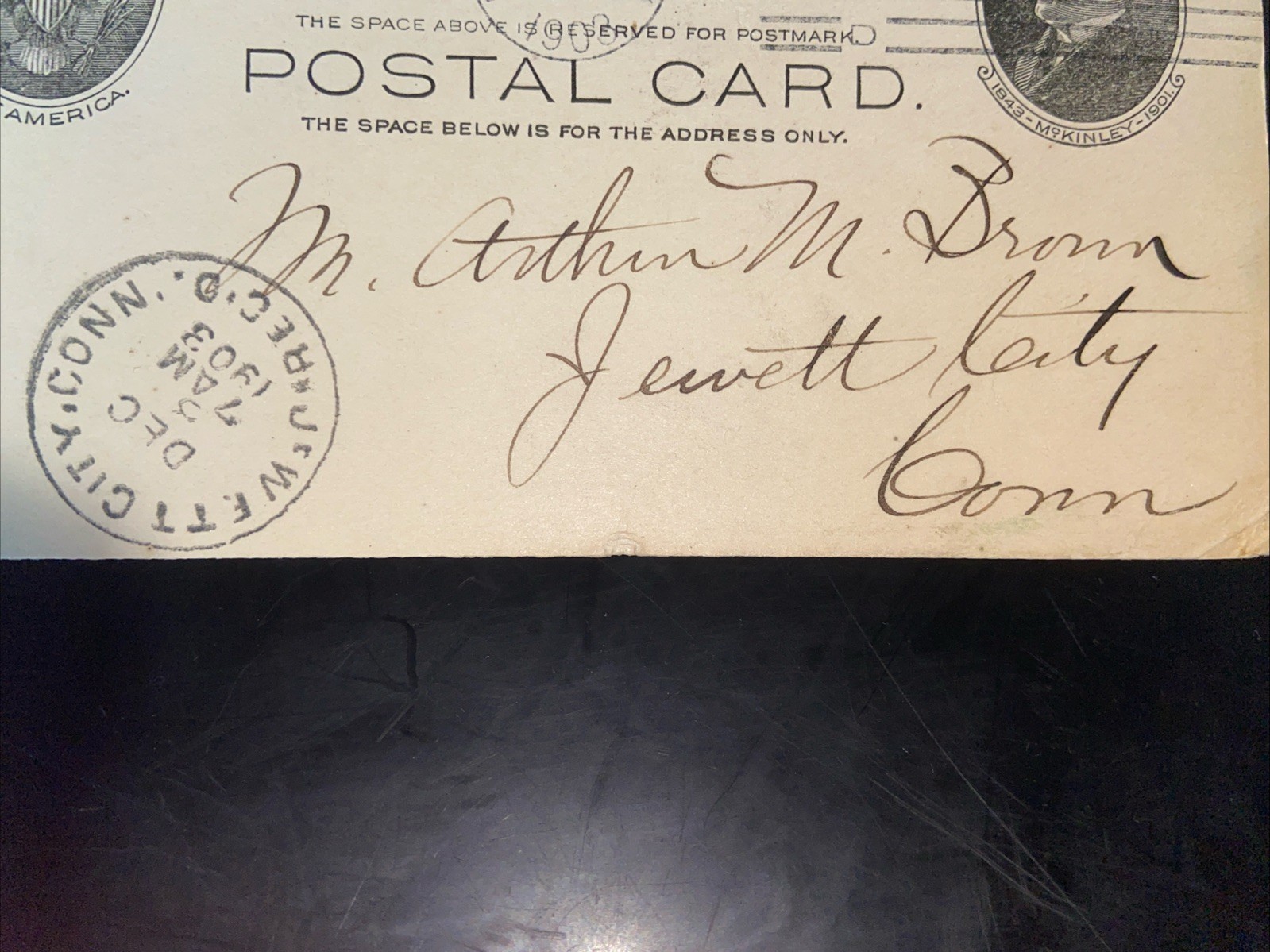 1903 Card to: Arthur M. Brown, Pres., Jewett City Savings Bank (Jewett, Conn)