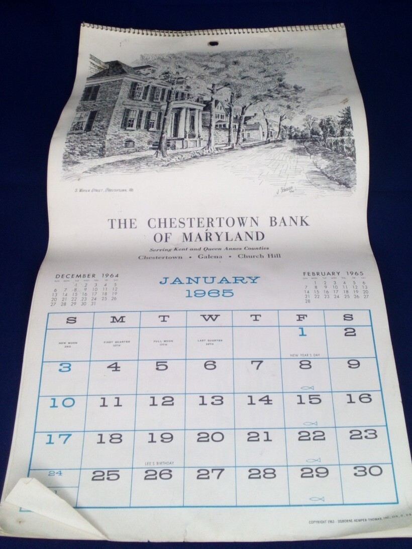 Vtg The Chestertown Bank Maryland MD Kent Queen Anne’s Counties 1965 Calendar
