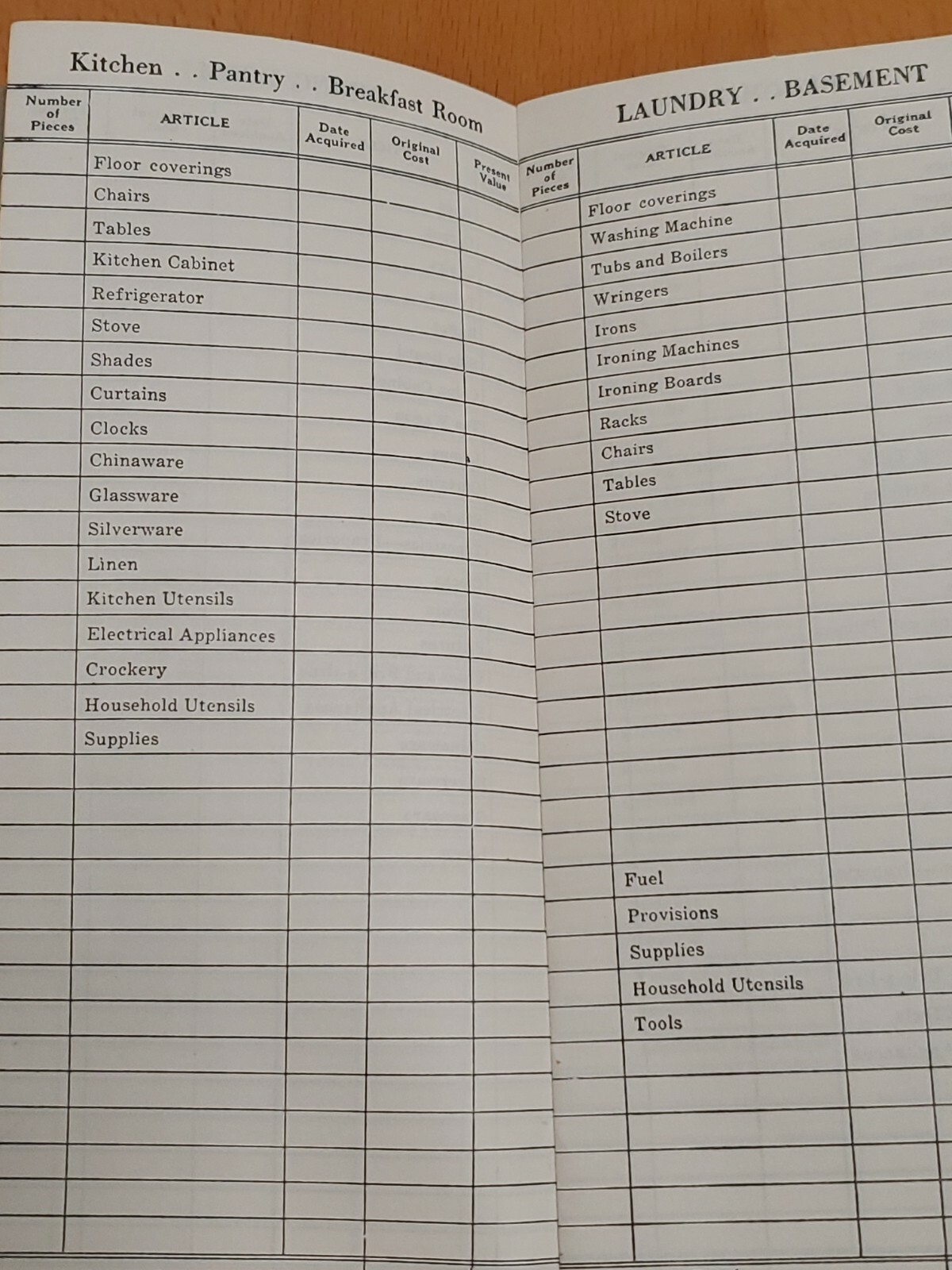 1950s Household Inventory Checklist Barkley Insurance Agency Fairchance PA