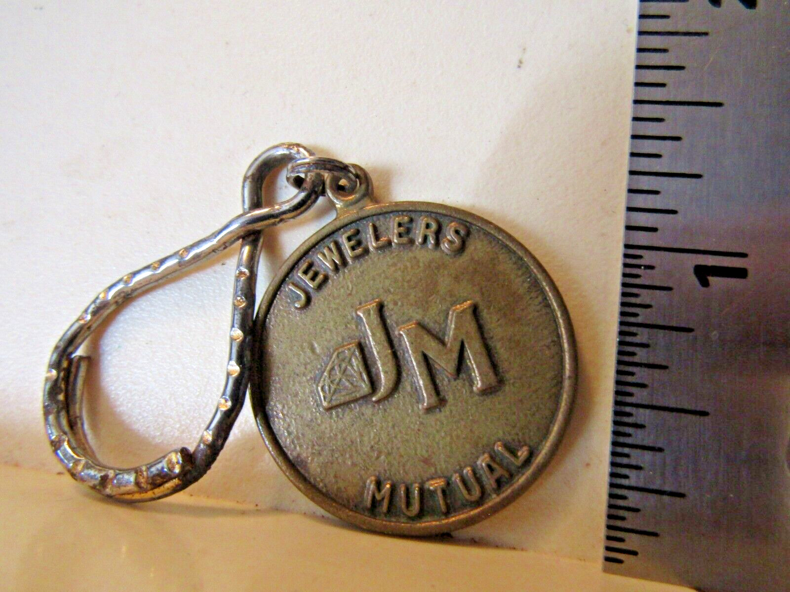 1980s? Jewelers Mutual Insurance keychain Neenah WI brass? deposit in mailbox 1″