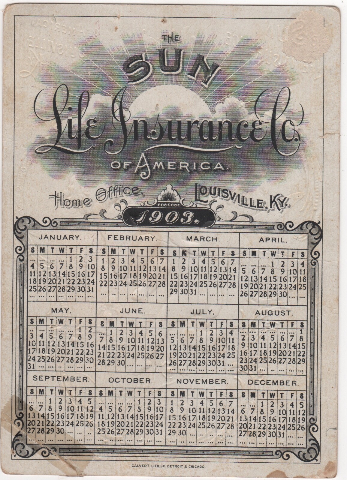 Sun life Insurance of America Louisville KY 1903 Calendar Home Office