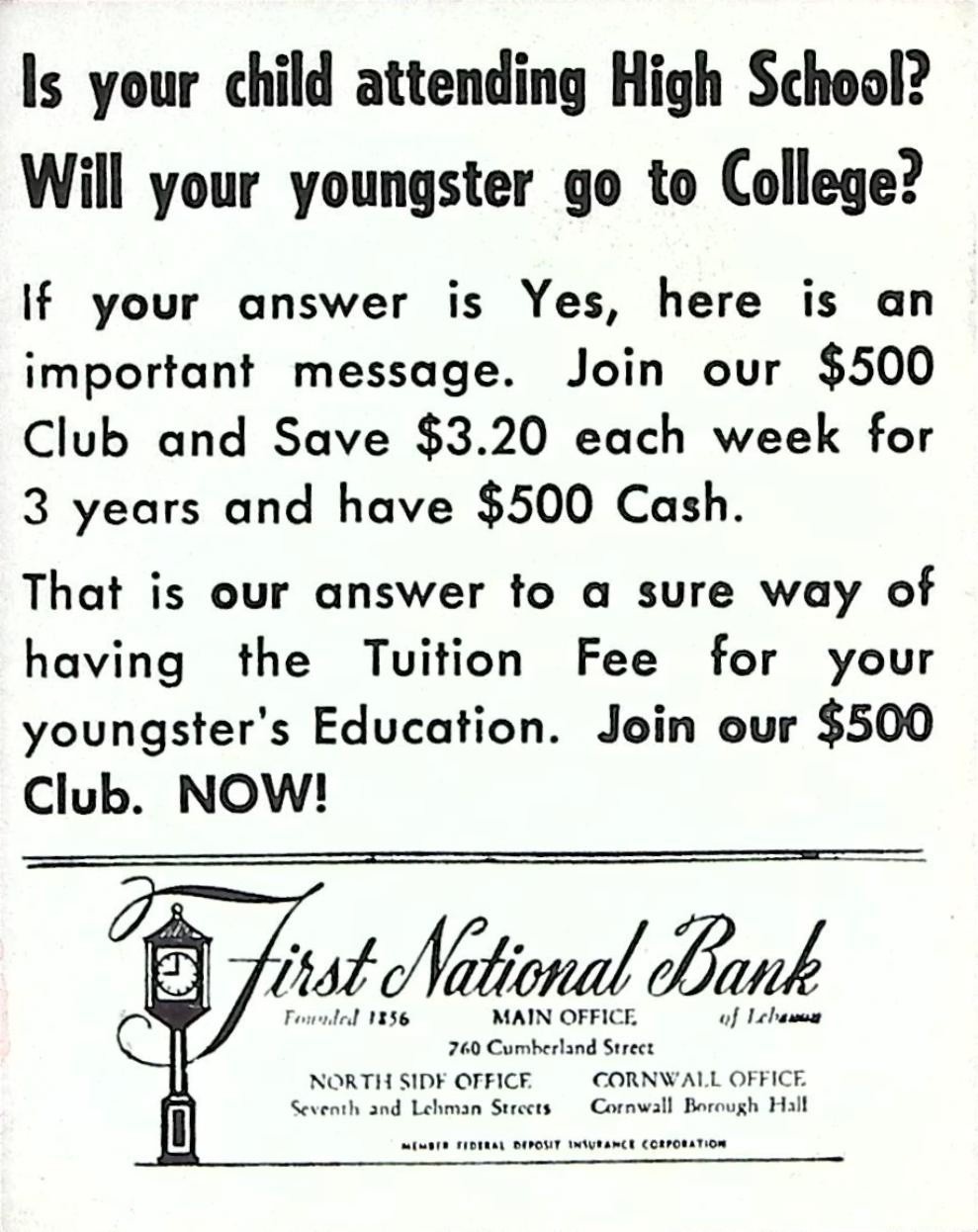 Vintage First National Bank Lebanon PA $500 Club Education Savings Ad Card