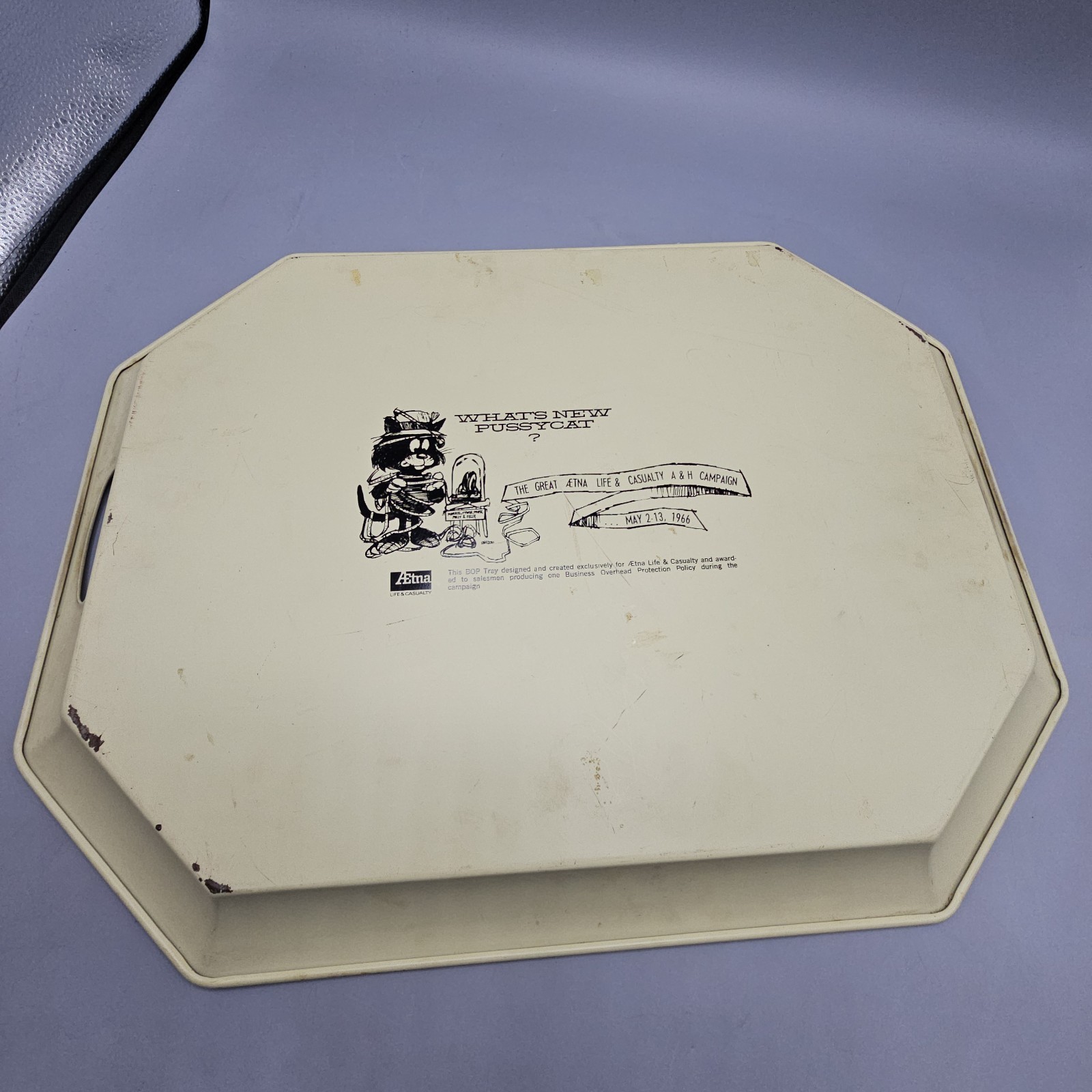 Mid Century What’s New Pussycat? Aetna Enamel Tray Cottage Grandma Folkart 1966