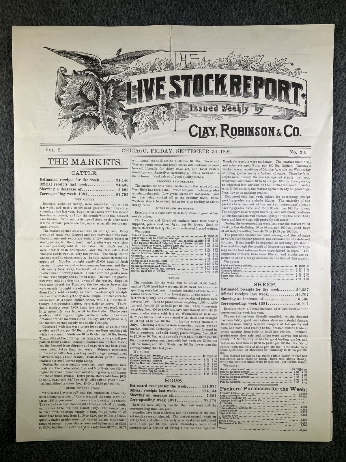 Live Stock Report Clay Robinson September 30 1892 livestock cattle Kansas City