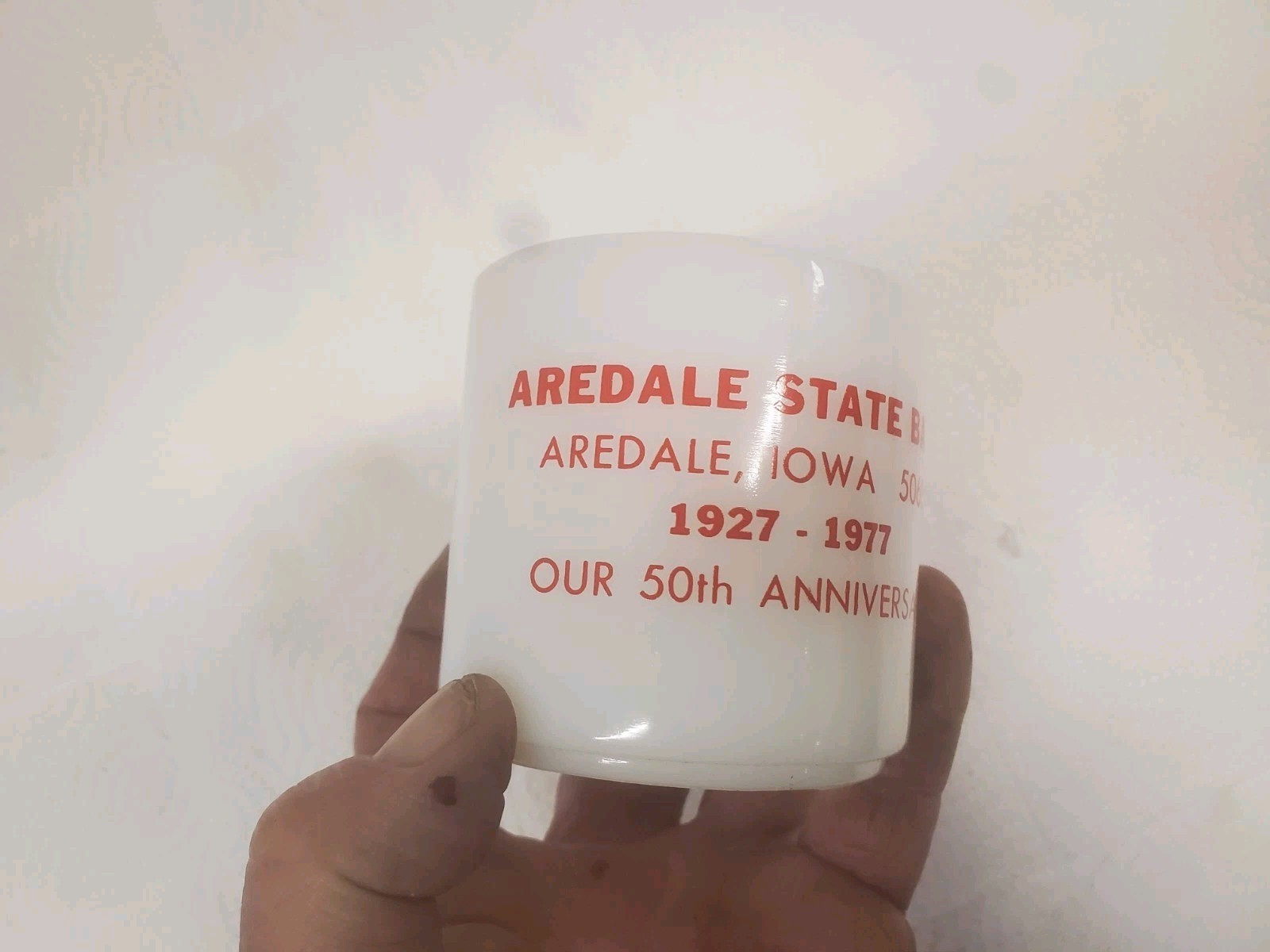 White Glass Coffee Mug Aredale State Bank Aredale Iowa 50th Anniversary 1977