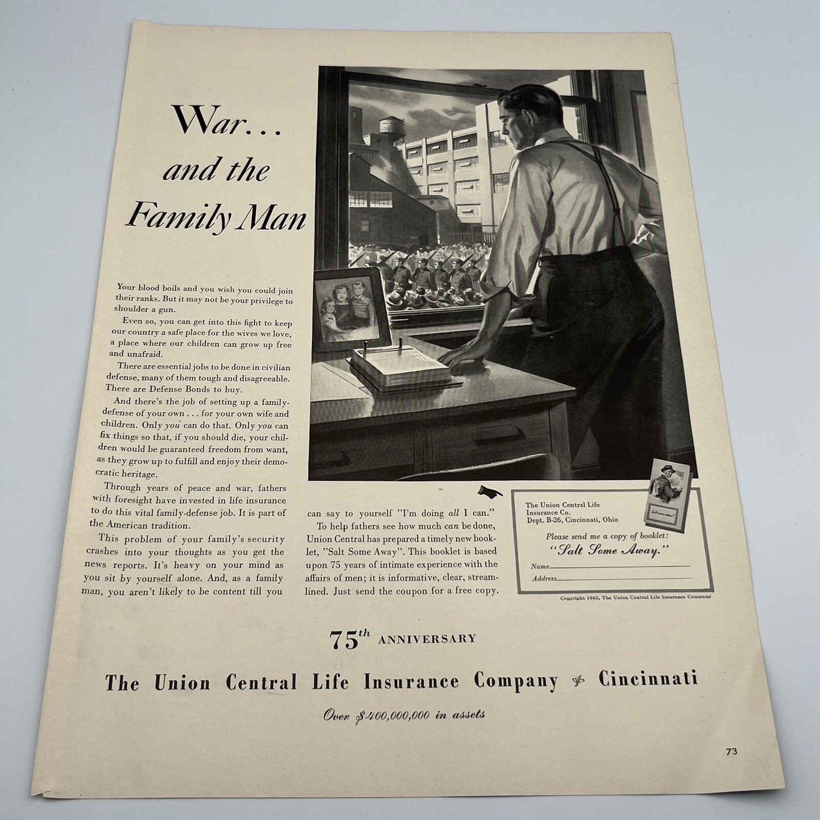 Union Central Life Insurance Co 1943 Vtg Print Ad 14″x10″ War and family man WW2