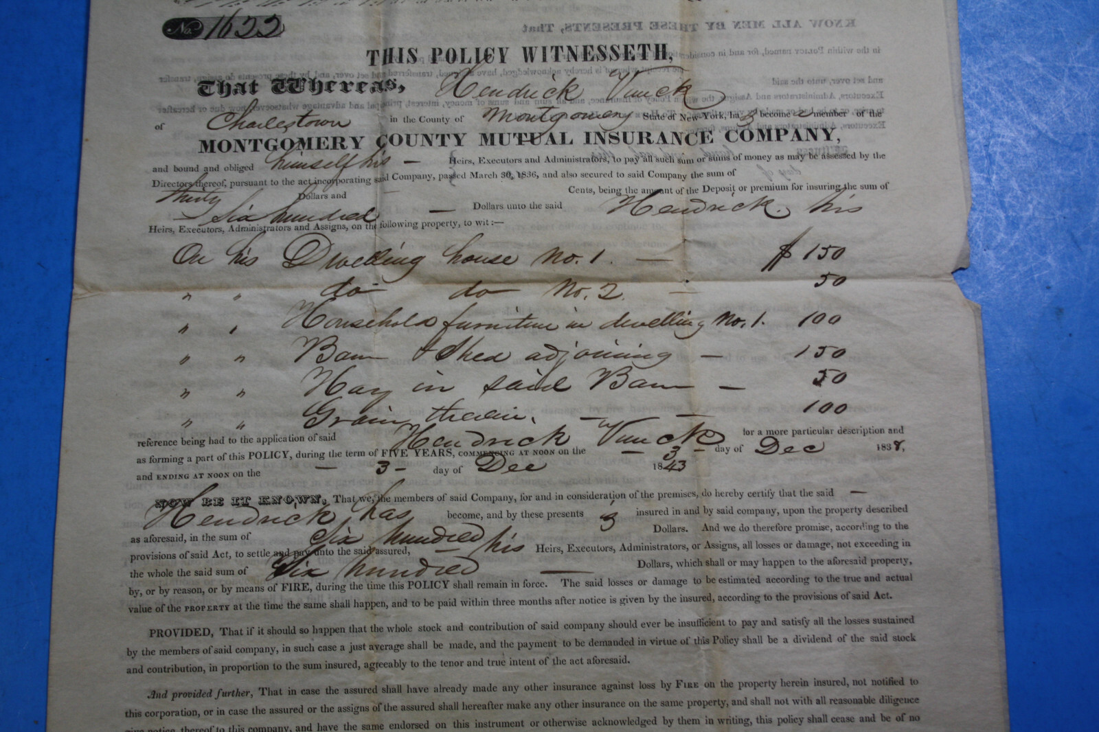 1838 MONTGOMERY COUNTY NY Charlestown VUNCK MUTUAL INSURANCE POLICY REV WAR