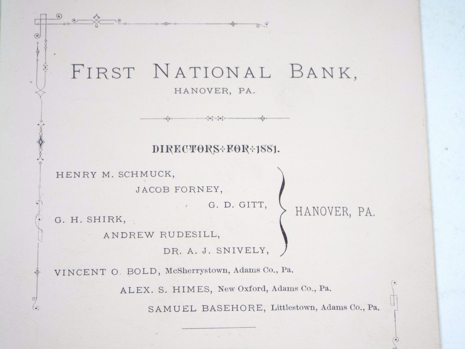 1881 First National Bank Hanover Pa – Financial Statement of the Condition