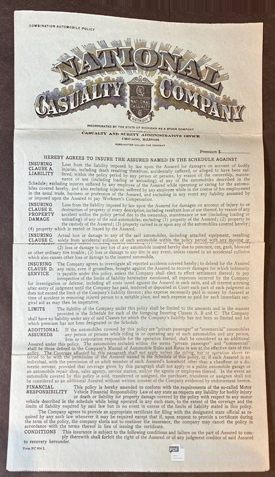 DETROIT, MI ~ NATIONAL CASUALTY CO. POLICY on 1924 International Truck 1932-1933