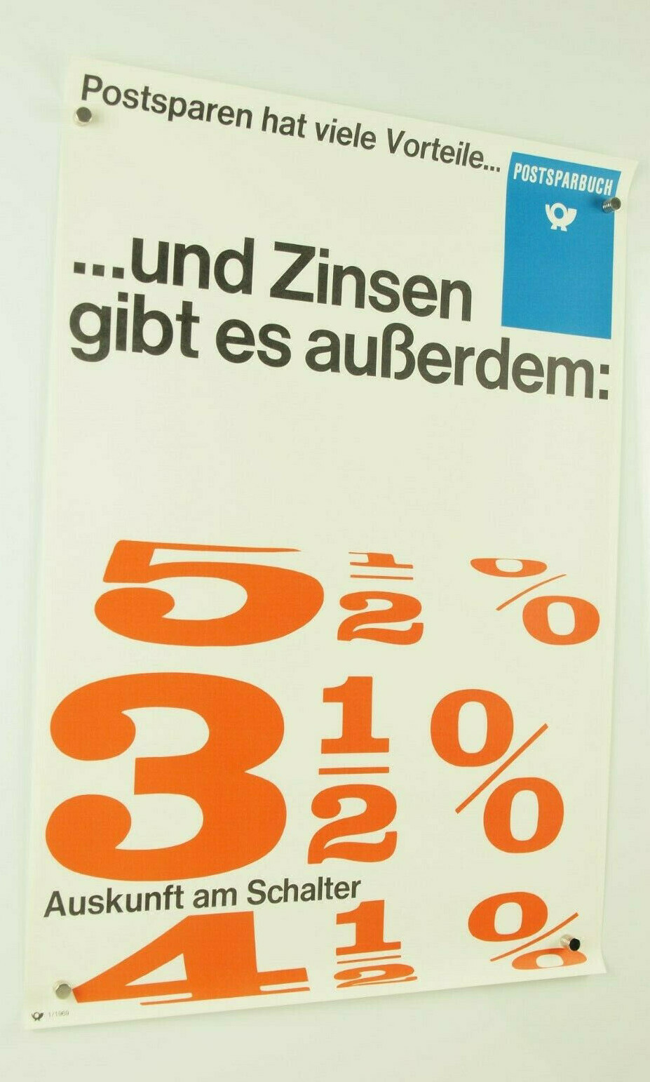 vintage POSTSPARBUCH poster 1969 percentages German Postal Savings Bank 16×23″