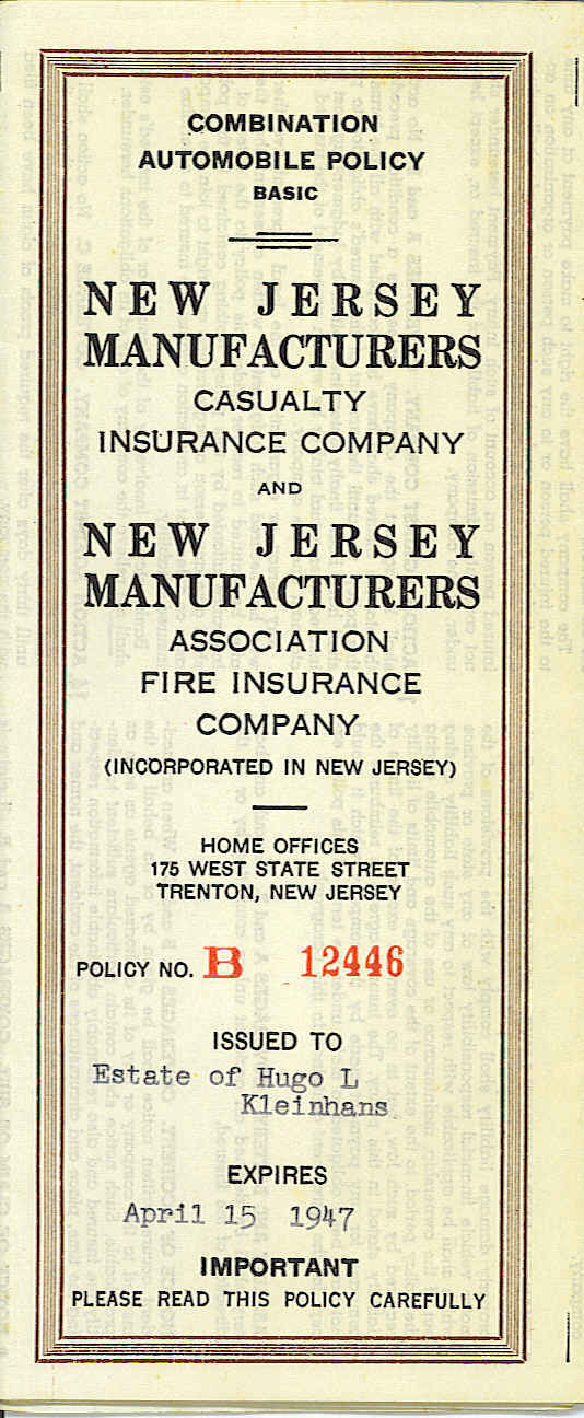 1947 NJ Manufacturers Auto Policy 1938 Nash