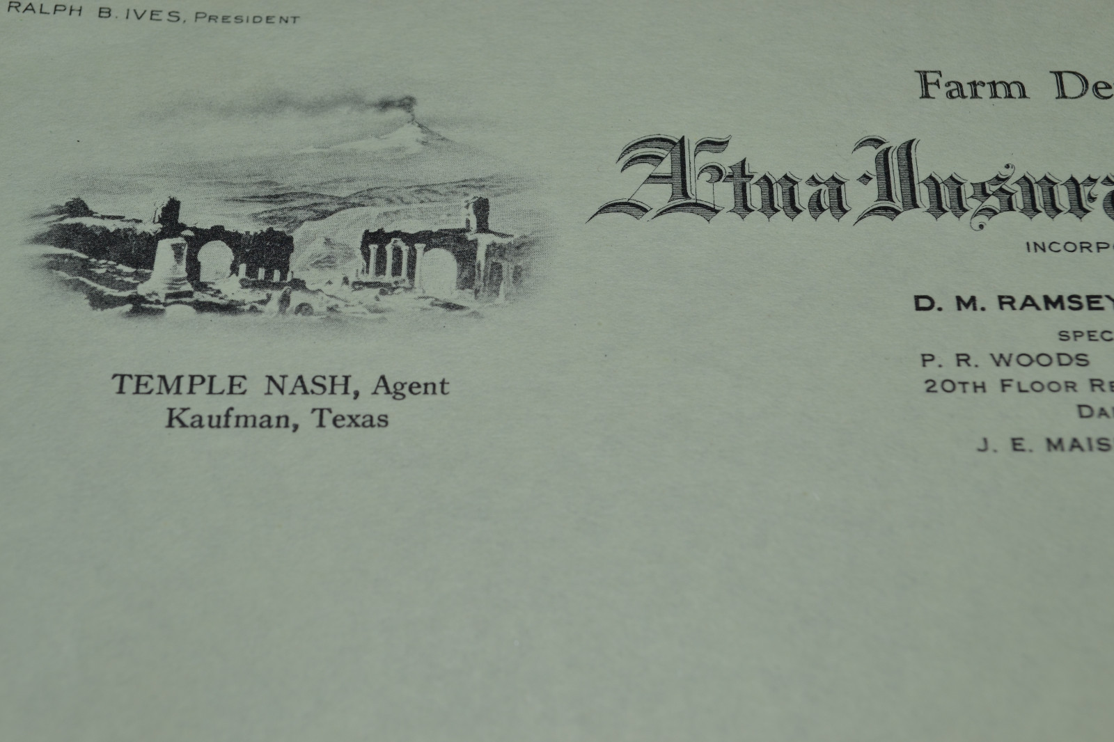 Aetna Insurance Company 1932 Letterhead – Rare Vintage Original – Dallas Texas
