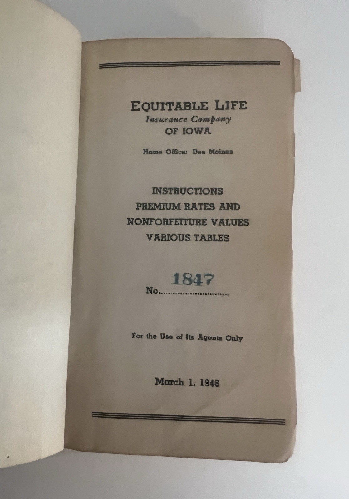 1946 Equitable Life Insurance Company of Iowa Agent’s Rate Book –Embossed Cover