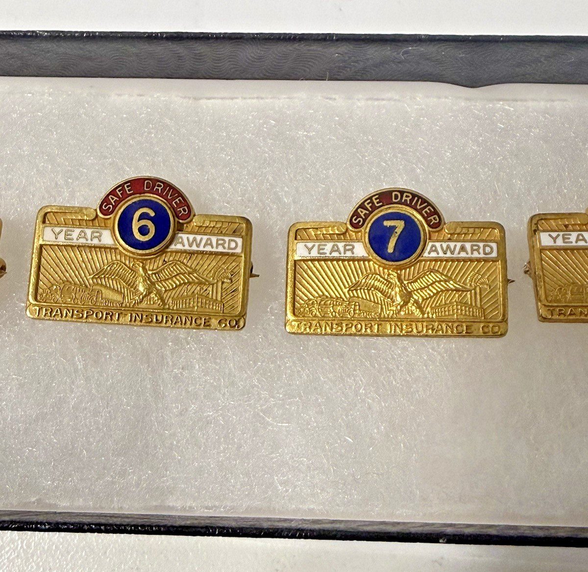 LOT OF 5 VINTAGE ENAMELED TRANSPORT INSURANCE CO. SAFE DRIVER AWARD PINS