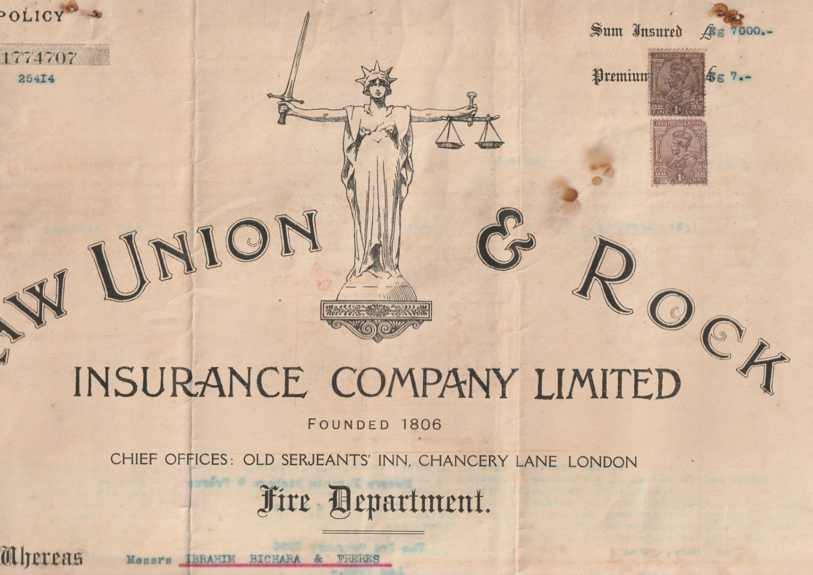 INDIA-ENGLAND Rare Insurance Policy Tied KGV British Colony Stamp 2X 1A. 1915